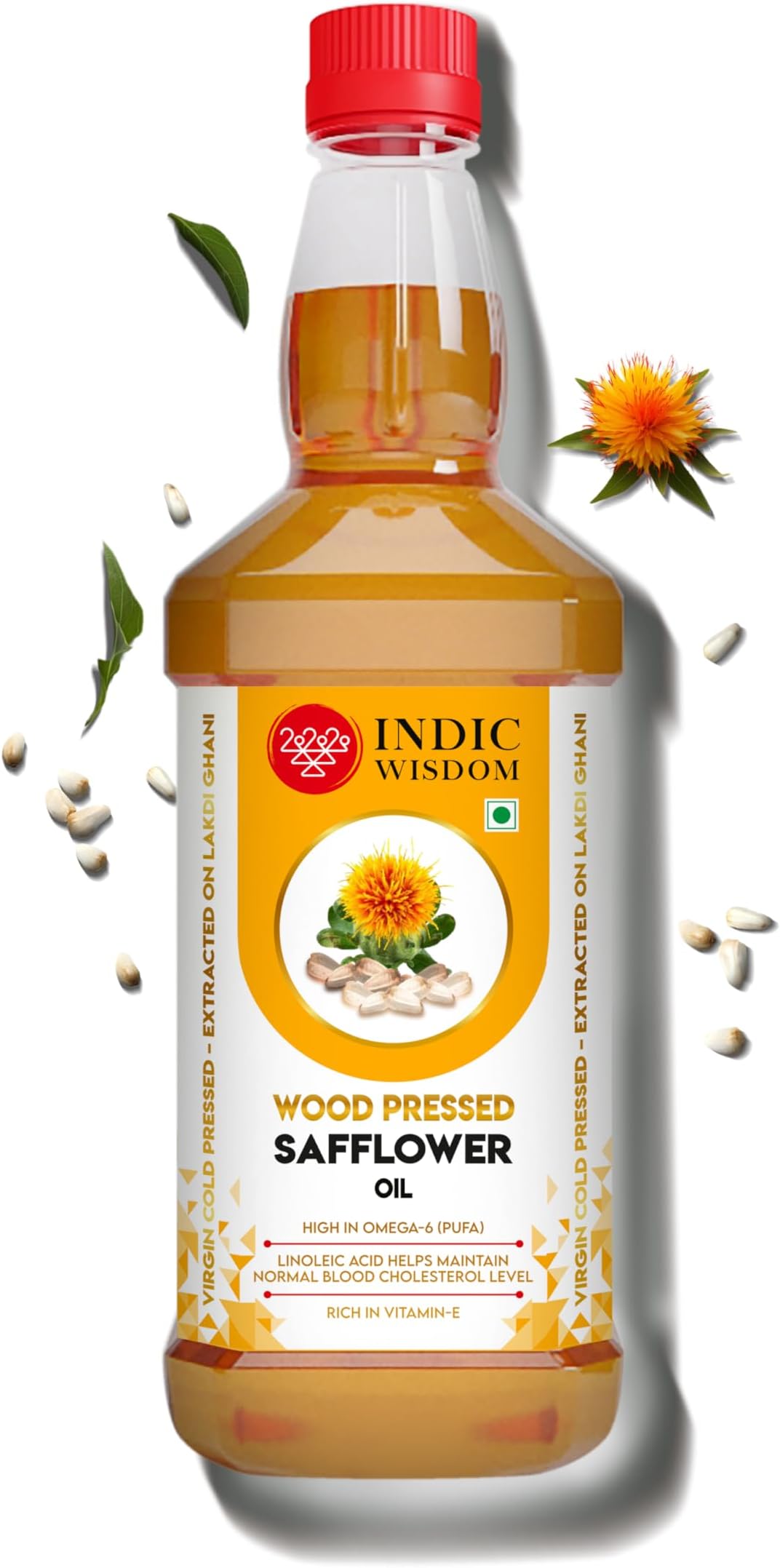 IndicWisdom Wood Pressed Safflower Oil 1 Liter (Cold Pressed Safflower Oil - Extracted on Wooden Churner)