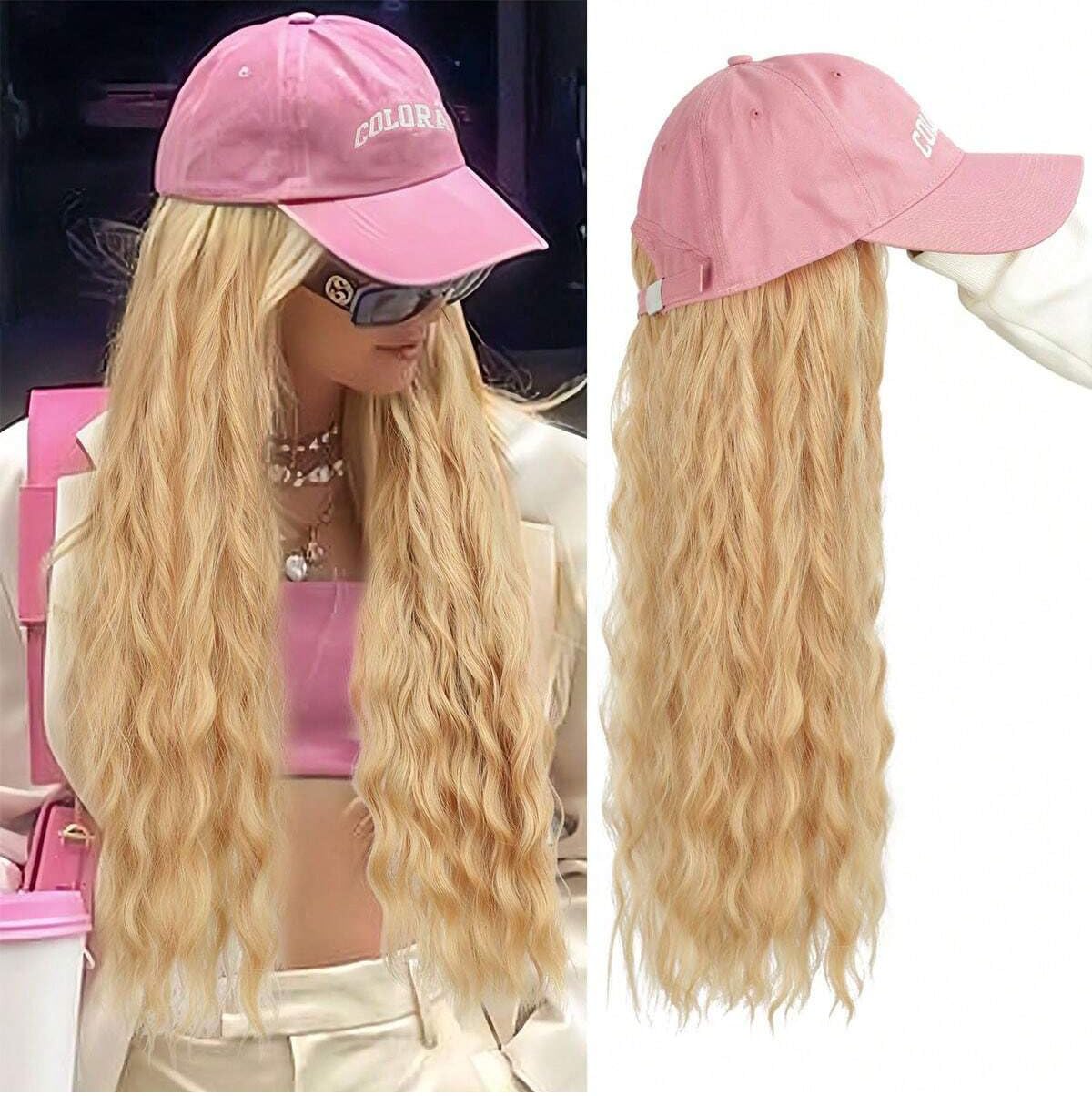 Baseball Cap with Attached Long Blonde Wavy Hair Extension, Pink Hat with Natural Looking Synthetic Hair Wig, Beach Wave Style
