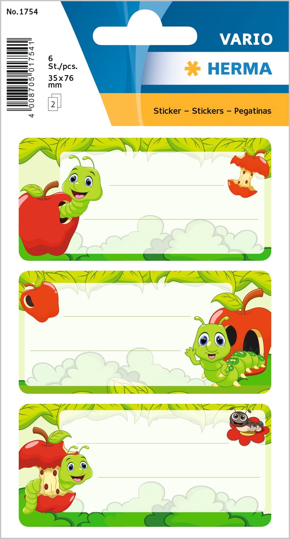 HERMA 1754 Fritz The Worm Book Labels Self-Adhesive School Labels for Children, Girls and Boys, 6 School Labels