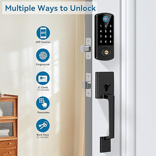 Miniatura 2 de BEBASIA - Juego de cerrojo para puerta de entrada sin llave con asa, cerradura inteligente de puerta con aplicación de huellas dactilares BEBASIA