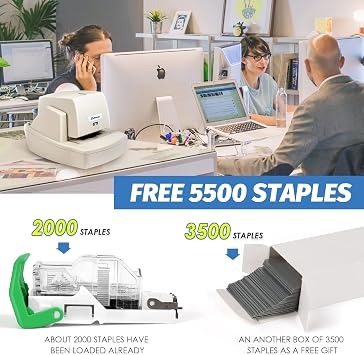 Heavy Duty Electric Stapler, 70 Sheets 60g Paper Capacity, Automatic Flat-Clinch Stapler, Quiet and Anti-Jam for Office/School, with 5500 Staples