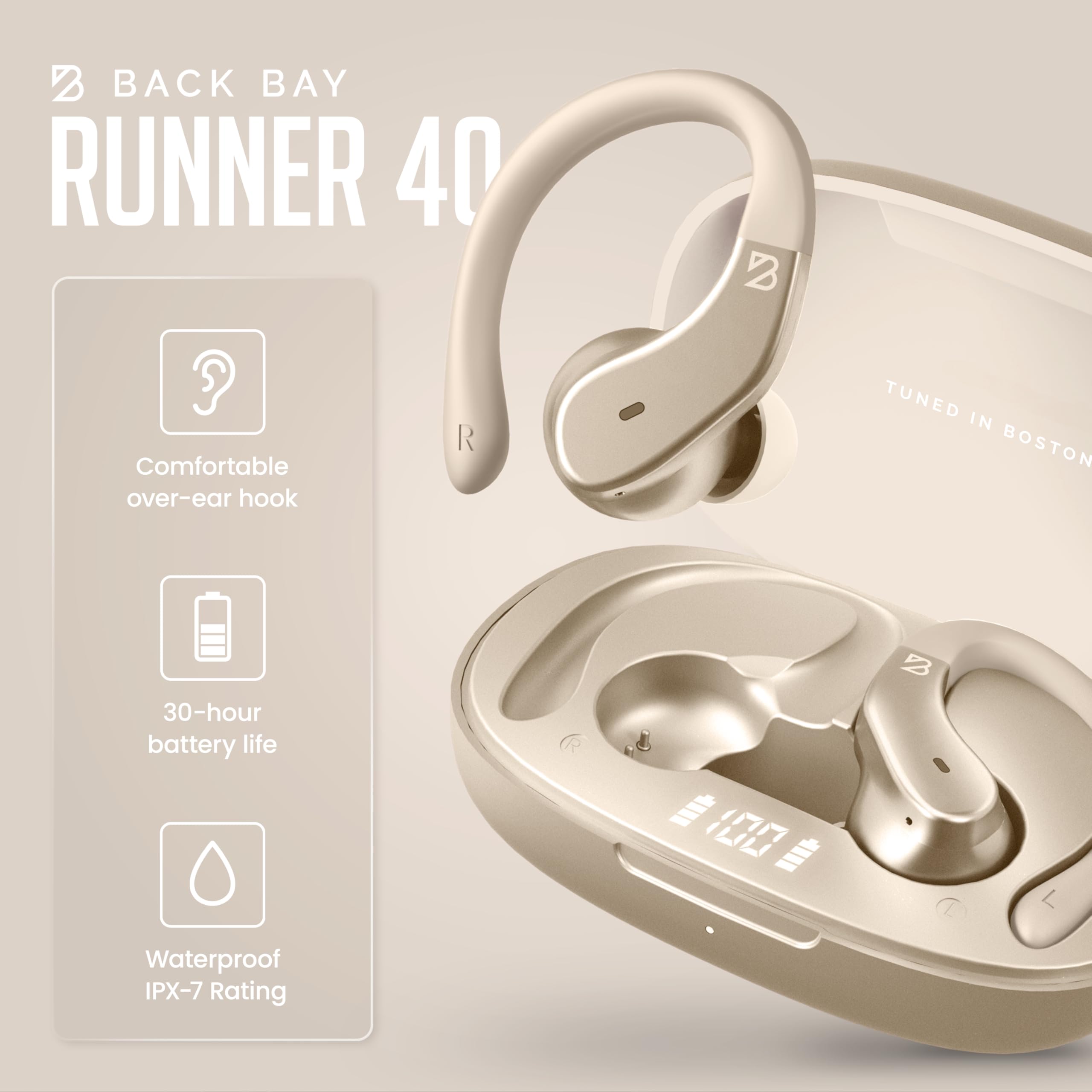 Runner 40 - Auricolari wireless per orecchie piccole, auricolari Bluetooth da corsa per donne e uomini, bassi profondi dorati, per piccoli canali uditivi con ganci, leggeri sopra gli auricolari