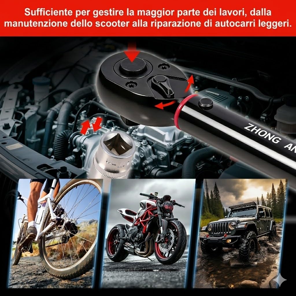 Set Chiave Dinamometrica Professionale 1/2", 13,5-217 Nm (10-160 ft-lb) con Bussole 17/19/21mm, Prolunga e Adattatori (1/4", 3/8"), Cricchetto di Precisione per Auto, Moto e Officina | Con bussole da 17/19/21 mm, prolunga da 12,7 cm, adattatore da 1/2" a