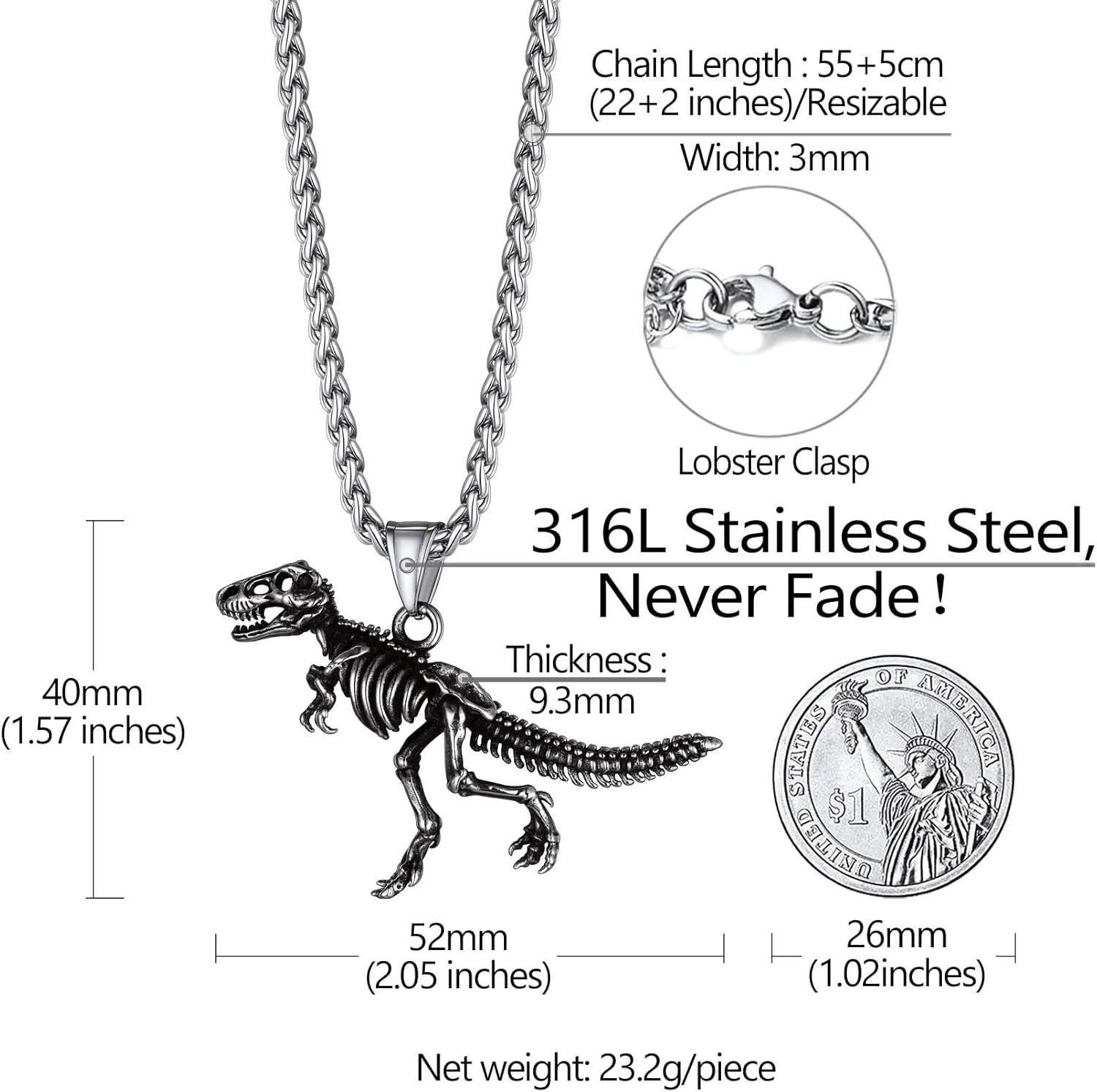 Richsteel Crocodile Dinosaur Raven T-Rex Skeleton Necklace for Men Punk Animal Fossil Jewelry - Image 4