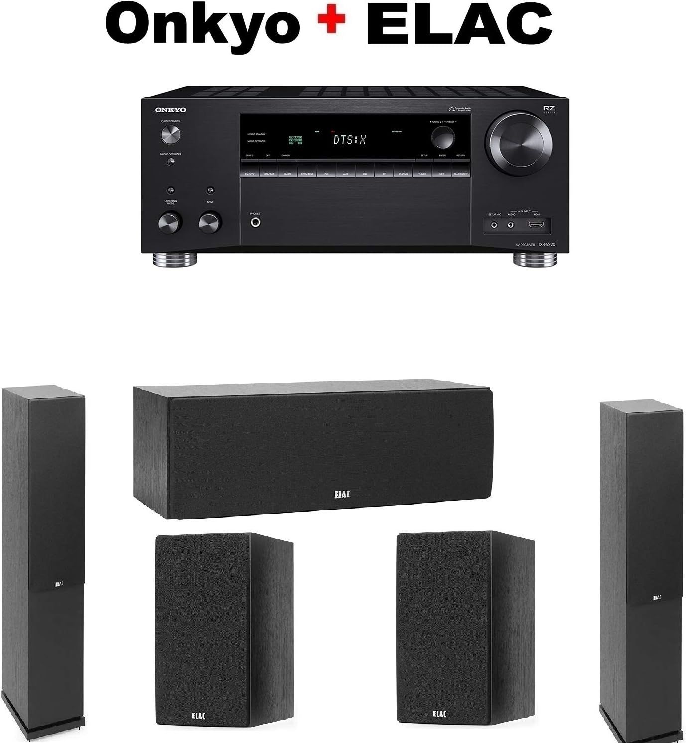 Onkyo TXRZ720 7.2-Channel 4K Receiver + Pair of Elac Debut 2.0 F5.2 Floorstanding Speaker + ELAC Debut 2.0 C5.2 Center + ELAC B5.2 Bookshelf (Pair) Bundle