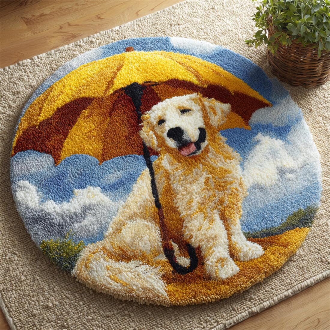 Rqwybcaxn DIY Latch Hook Rug Kit for Beginners Animal Crochet Starter Kit Cartoon Golden Retriever 60x60cm Round Tapestry with Crochet Hook Bedroom Craft Gift