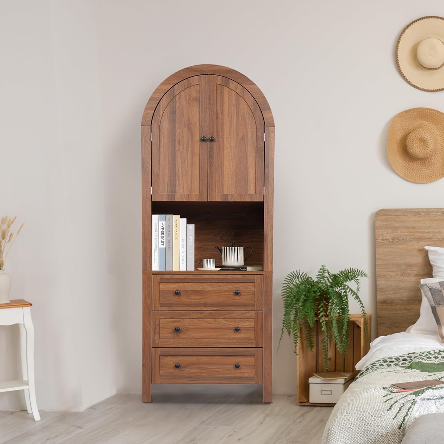 Bifins 71” Tall Arched Storage Cabinet with Drawer,Farmhouse Arched Bookcase with Door,Freestanding Arch Tall Pantry with Countertop for Kitchen Living Room (Walnut, 71inch)