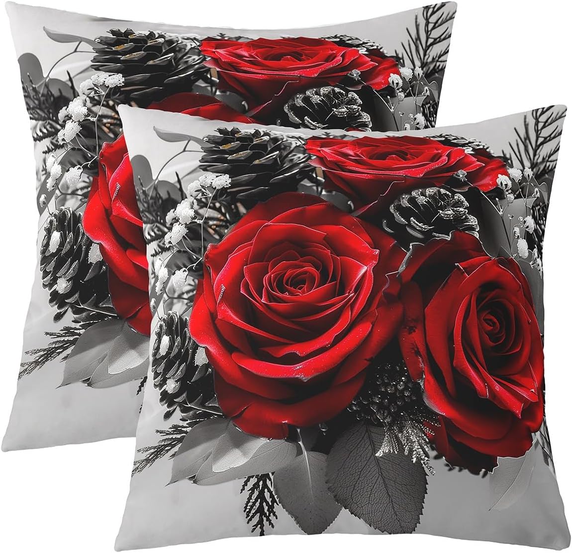 Set of 2 Rose Floral Pillow Covers 24x24 Inch, Romantic Red Flowers Throw Pillow Covers for Bed Sofa, Vintage Farmhouse Style Cushion Cases, Valentine 3D Rose Decorative Pillow Covers, Red Gray Black