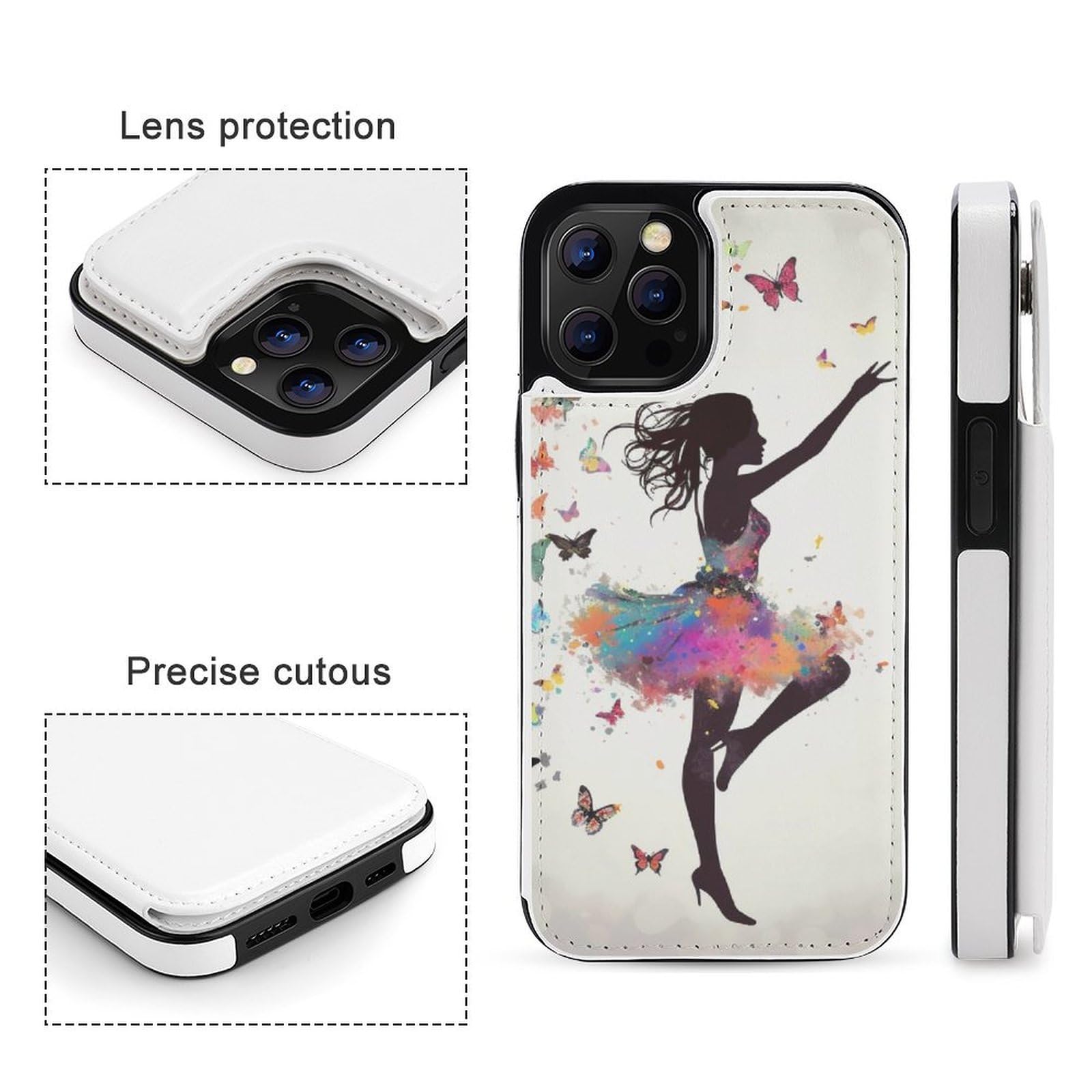 Funda tipo cartera para iPhone 12 Pro Max, diseño de mariposas y bailarinas, funda de piel con ranuras para tarjetas