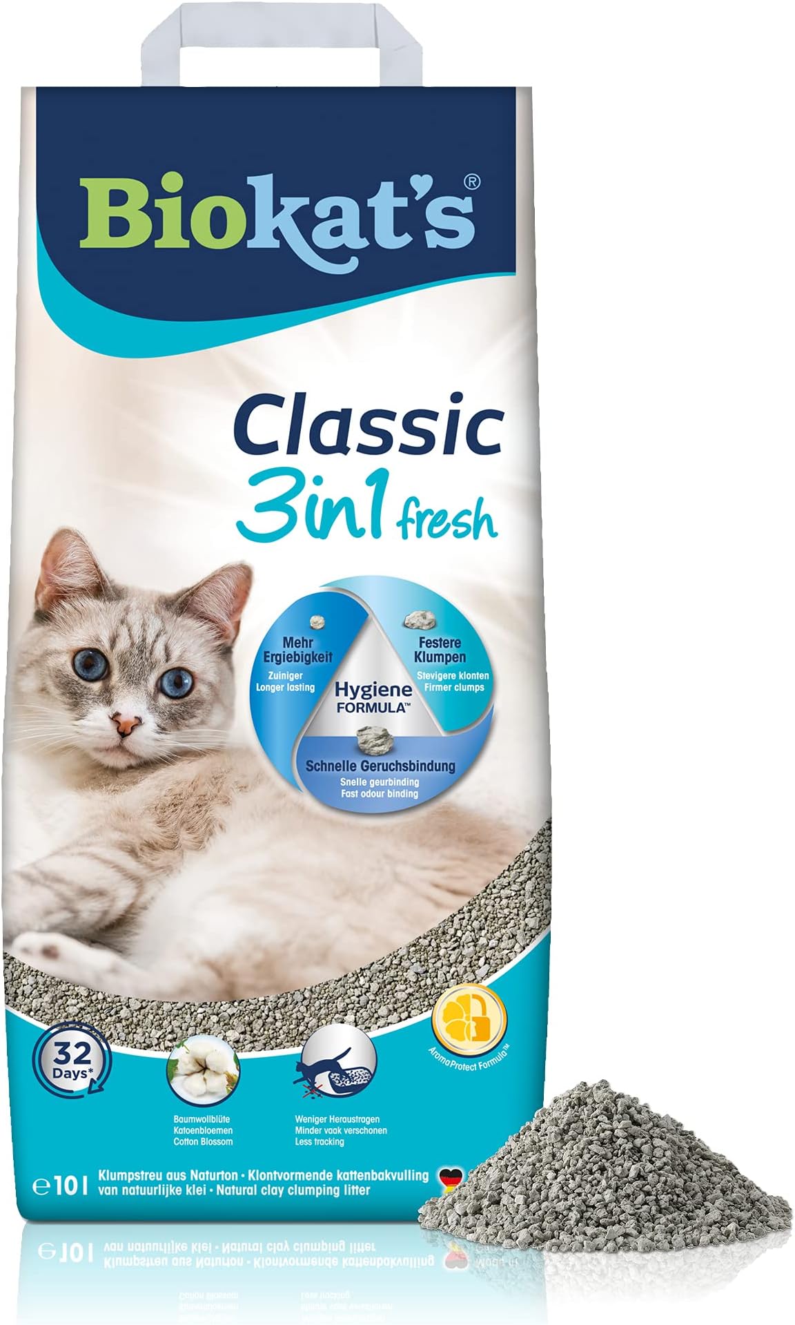 Biokat's Classic Fresh 3in1 with Cotton Blossom Fragrance - Clumping cat litter with 3 different grain sizes - 1 bag (1 x 10 L)