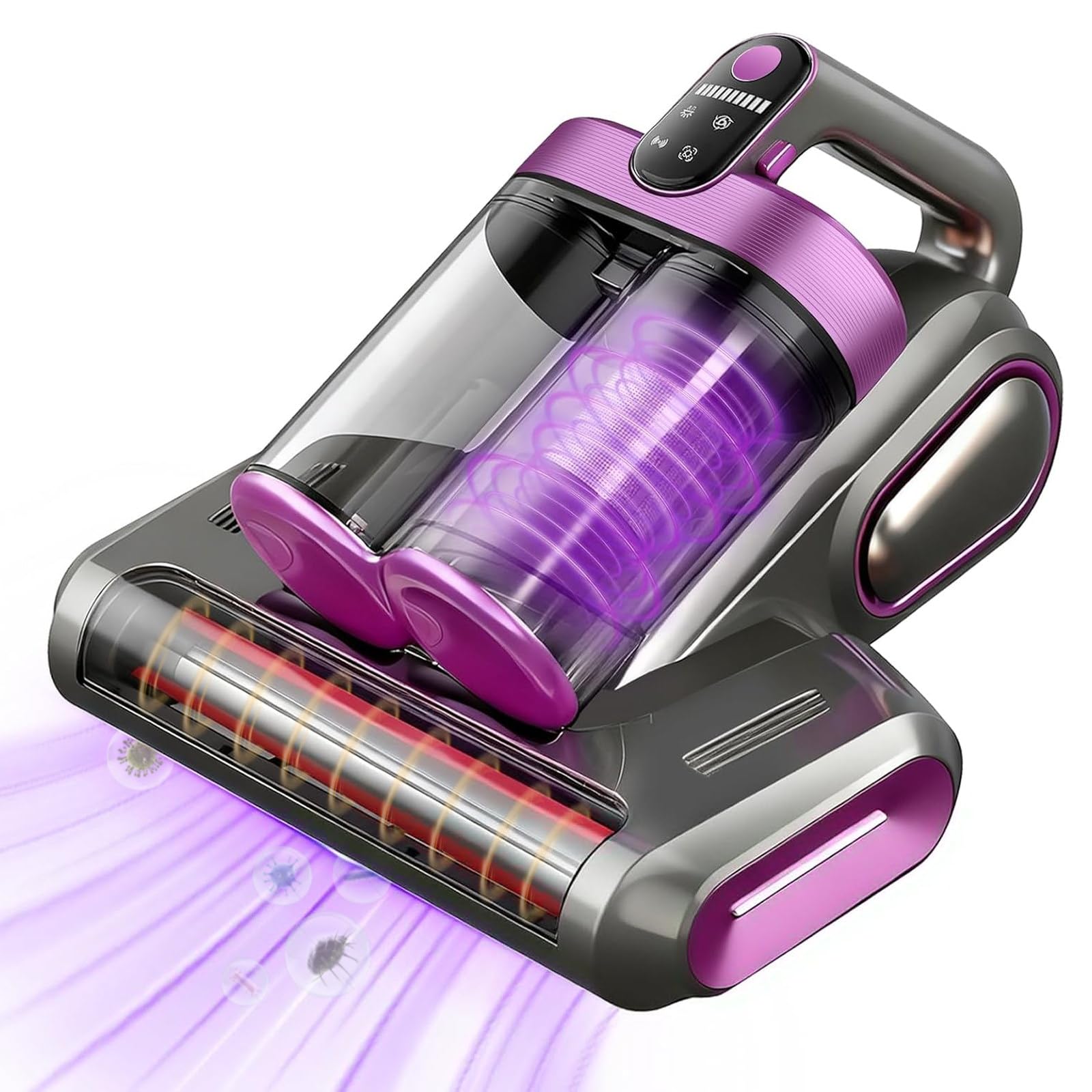 Kabelloser Milbensauger für Matratzen mit UV-Licht, Ultraschall & Bürstenwalzenklopfen, Matratzensauger gegen Staub-Milben, Allergene & Tierhaare (Lila)