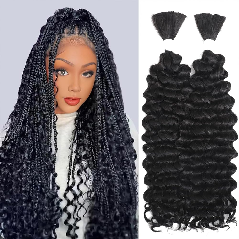 Human Braiding Hair for Boho Braids 100% virgin Human Hair 110g 16 Inch Curly Knotless 12A Deep Wave Bulk Bohemian Braiding Hair for 2 Bundles/Pack
