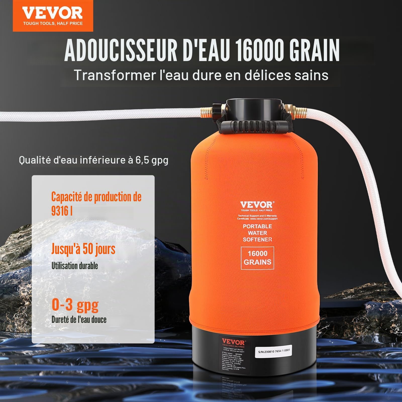 VEVOR Adoucisseur d'Eau Portable 16000 Grains Système de Filtration d'Eau avec Raccords 19 mm et Long Tuyau 106,7 cm sans Électricité pour Adoucissement d’Eau Dure Camping-car Caravane Bateau Domicile