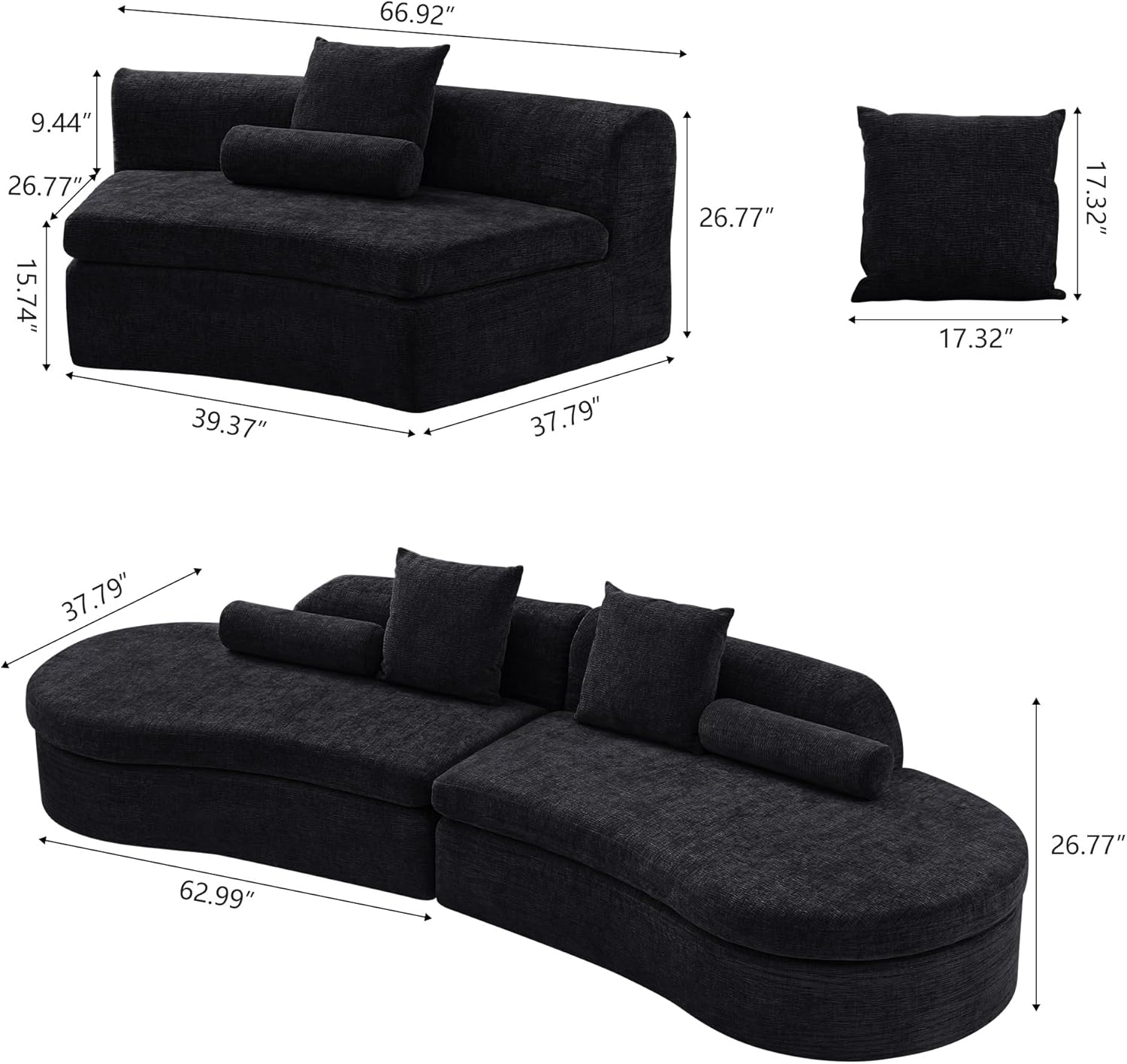 AVZEAR Curved Modular Sectional Sofa, Chenille Upholstered Cloud 6 Seater Couch for Living Room, No Assembly Modern Love Seat Sofa with 3 Bolster Pillows & 3 Square Pillows, High-Density Foam, Black