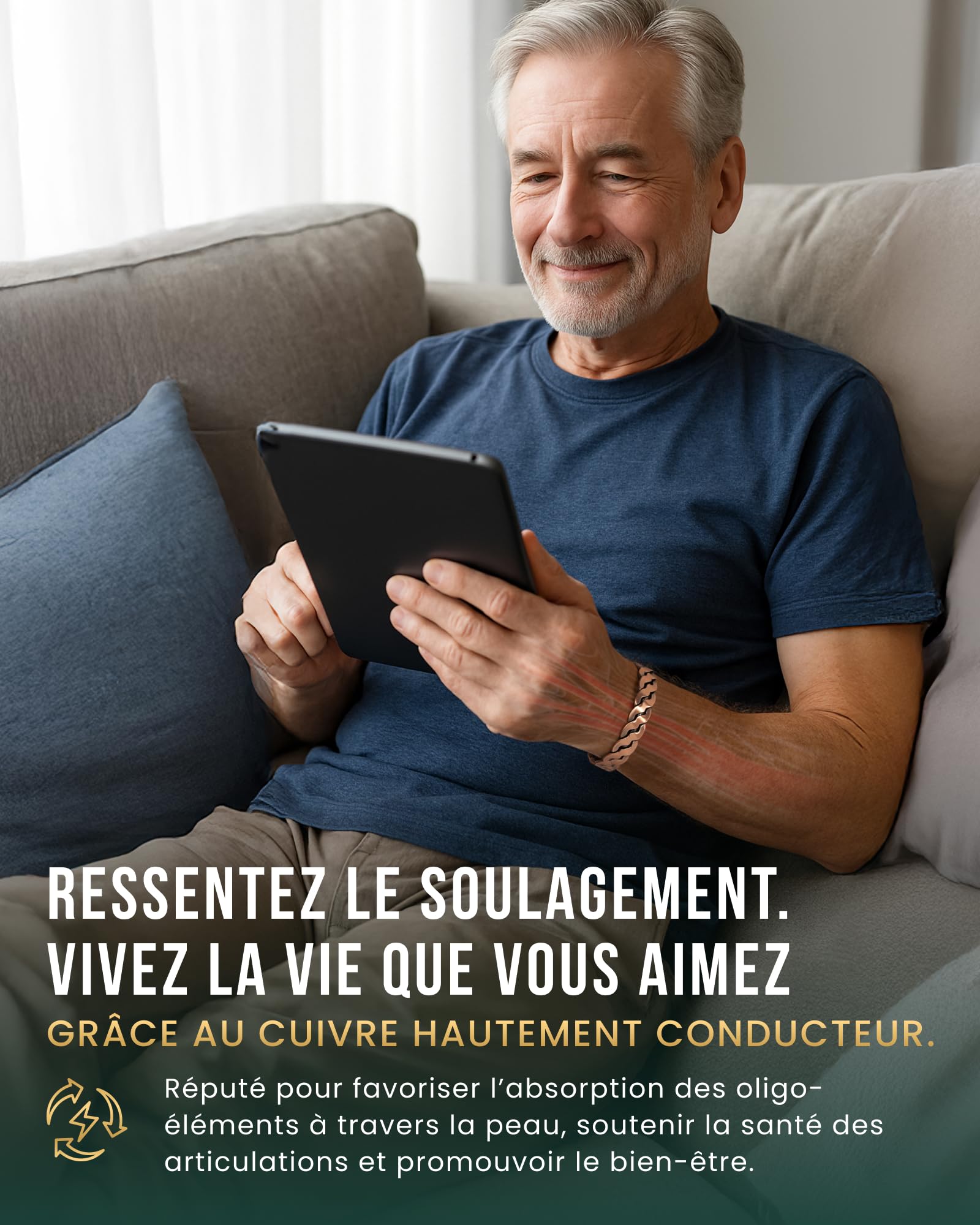 MagnetRX® bracelet cuivre homme et bracelet en cuivre femme – 6 aimants puissants (3500 GAUSS par aimant) – Bijou aimanté pur – Manchette réglable (Argent brossé | Moyen - Grand)