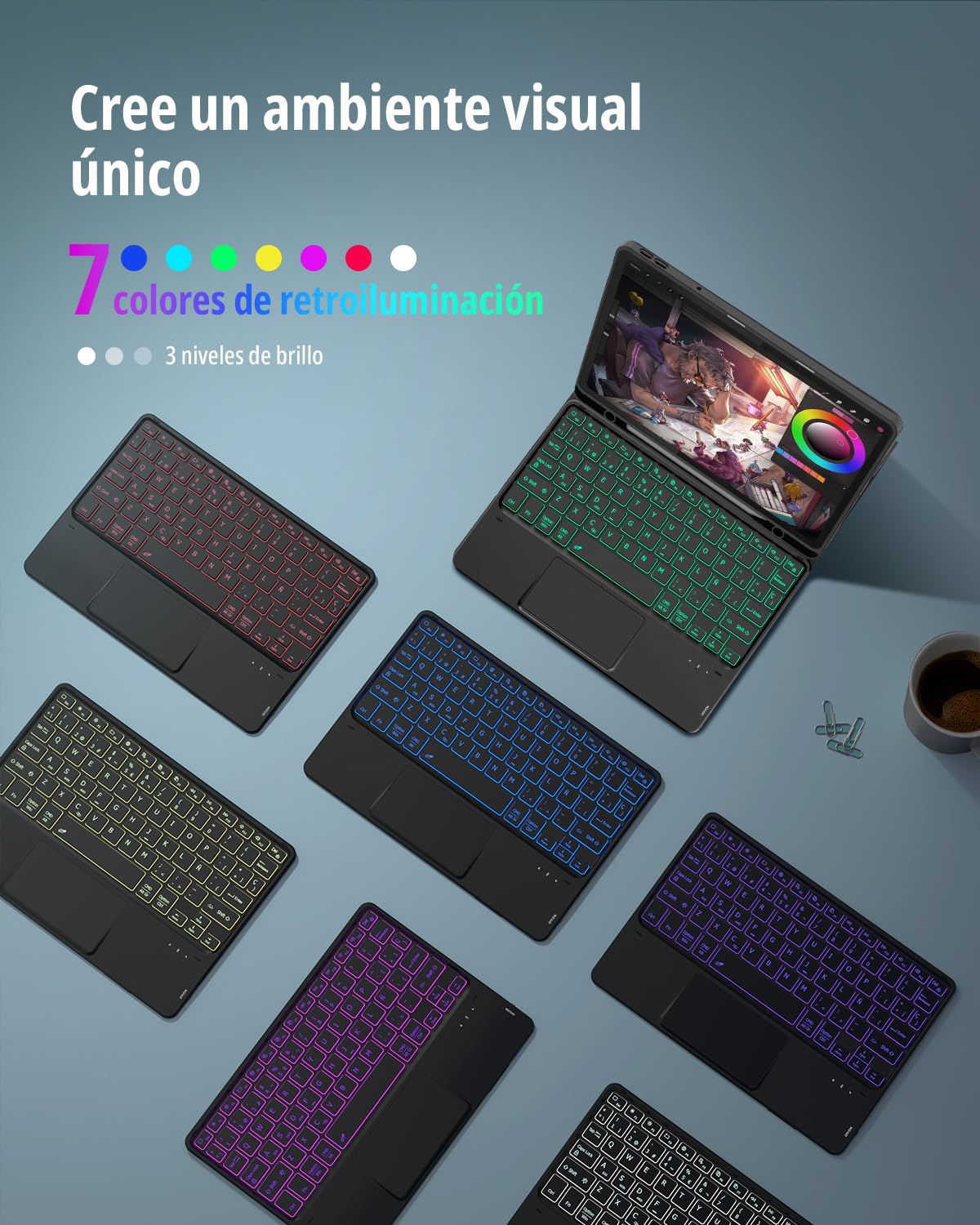 CACOE Funda Teclado para Lenovo Idea Tab 2025 de 11 Pulgadas con Touchpad, Iluminación de 7 Colores, [Español] Teclado para TB-336ZU TB-336FU Gen Magnético Desmontable, Negro