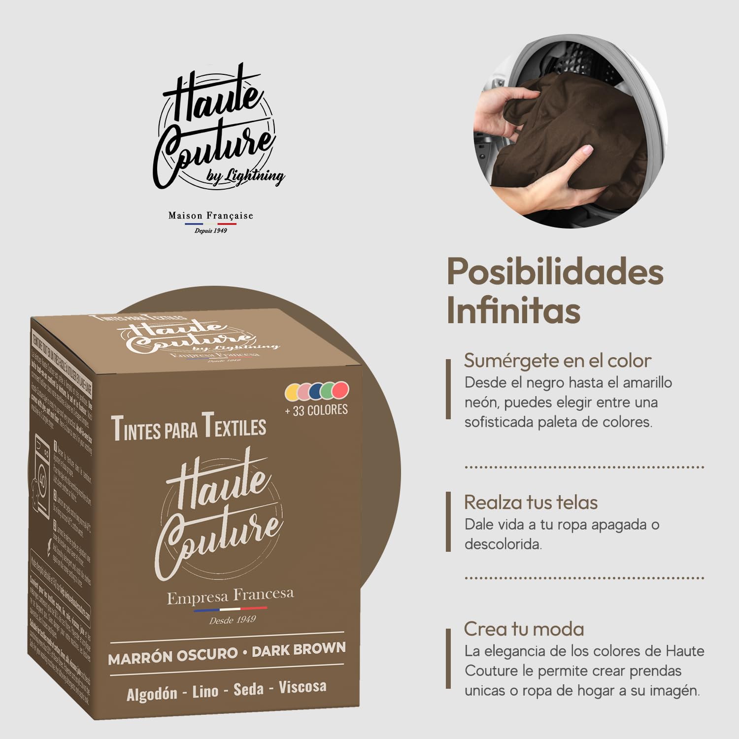Haute Couture - Tinte para Ropa y Textil Marrón - Marrón Oscuro - 350g - Tinte Textil Todo en uno - Listo Para Teñir Ropa y Tejidos