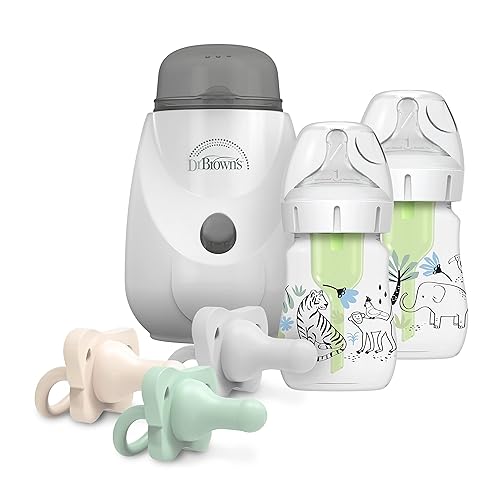Dr. Brown's Opciones anticólicos+ biberones de cuello ancho, selva de 5 onzas, pezón de nivel 1, paquete de 2, 0.0ft+ con calentador de biberones y