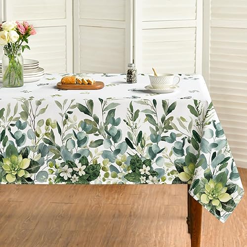 Horaldaily Mantel rectangular de primavera y verano de 52 x 70 pulgadas, mantel floral de eucalipto para decoración de fiestas, pícnic, cenas