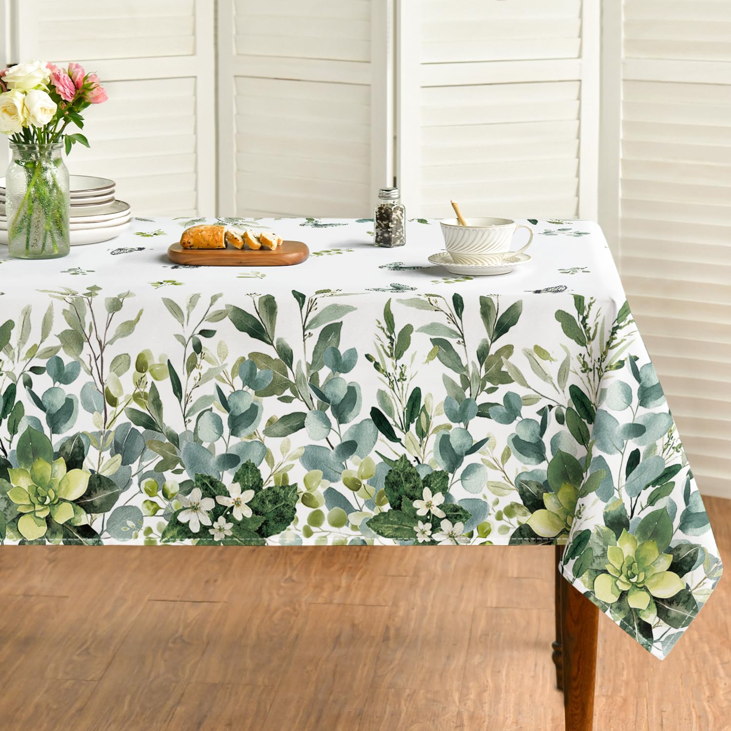 Horaldaily Spring Summer Tablecloth 60x104 Inch Rectangular, Eucalyptus Floral Table Cover for Party Picnic Dinner Decor