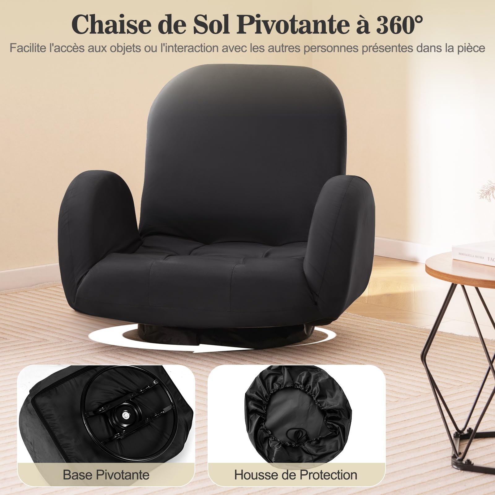 COSTWAY Chaise de Sol Pivotante, Chaise de Jeu Pliante avec Dossier et Accoudoirs Réglables, Fauteuil de Sol Inclinable, Fauteuil de Sol Pliant et Pivotant, pour TV, Lecture, Jeux Vidéo (Noir)