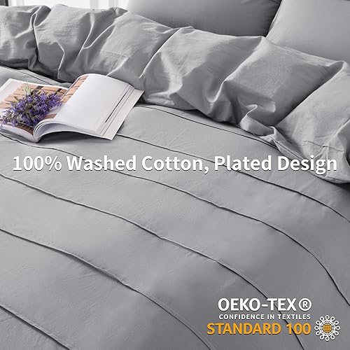 Miniatura 4 de NEXHOME PRO Juego de funda de edredón 100% algodón orgánico, tamaño Queen, juego de funda de edredón plisada con textura de lino, color gris claro,