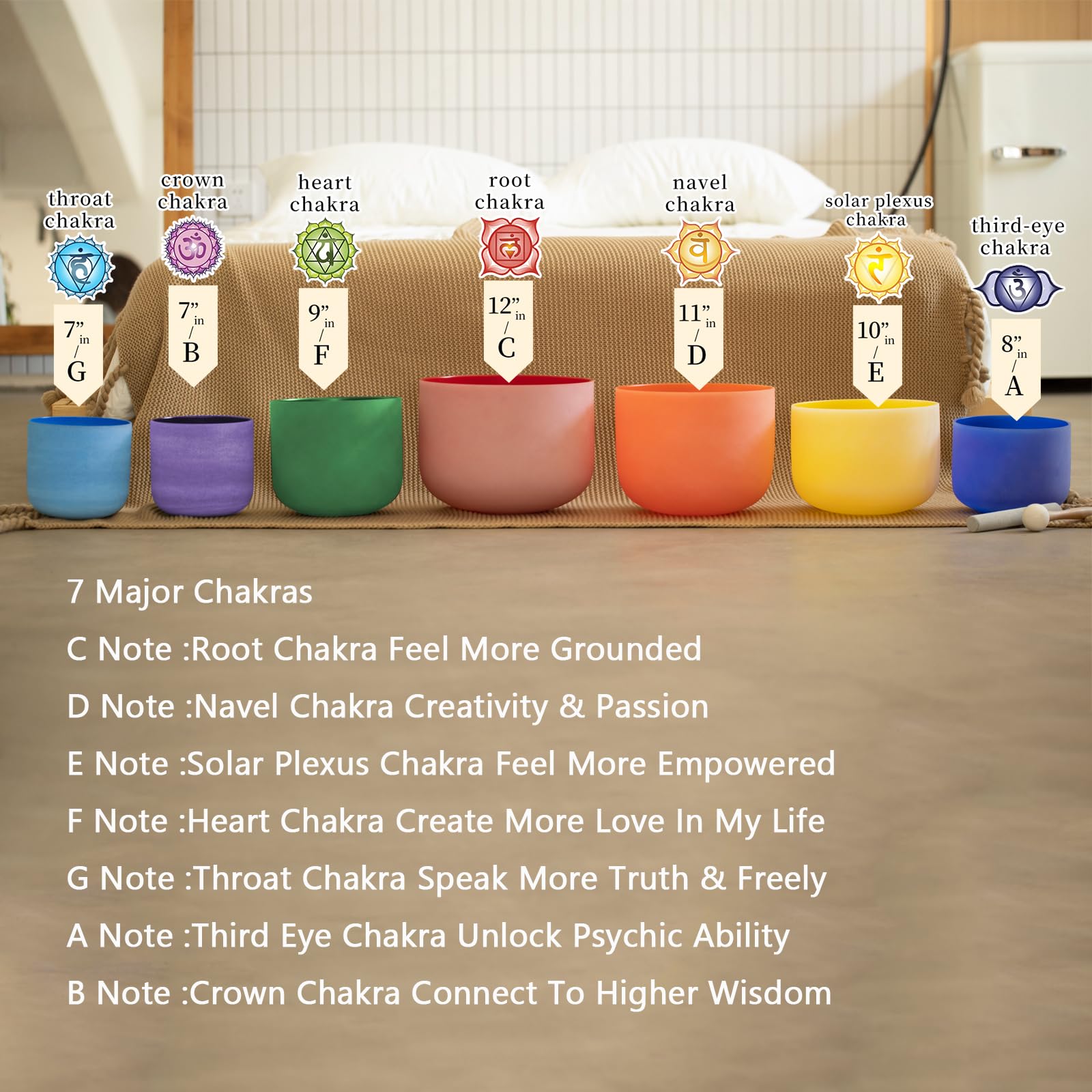 Hye-eun Set di campane tibetane in cristallo, 432 Hz, 17,8 - 30,5 cm, 7 toni A, B, C, D, E, F, G, 7 colori, chakra, con borsa per il trasporto, per meditazione, terapia del suono, musica, terapia