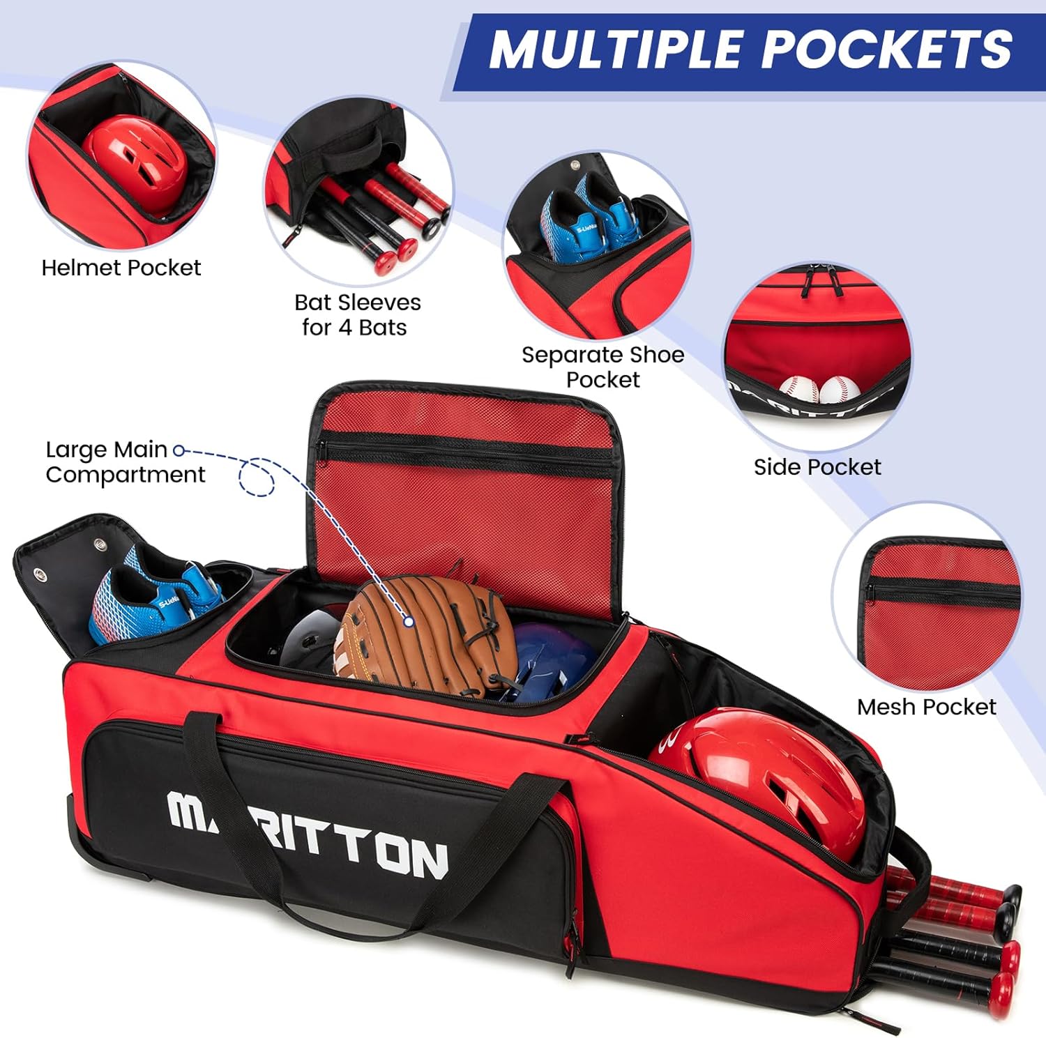 Rolling Baseball Catchers Gear Bag with Wheels, Large Baseball Softball Bag for 4 Bats with Shoe Compartment, Fence-Hooks and Multi-Pockets.