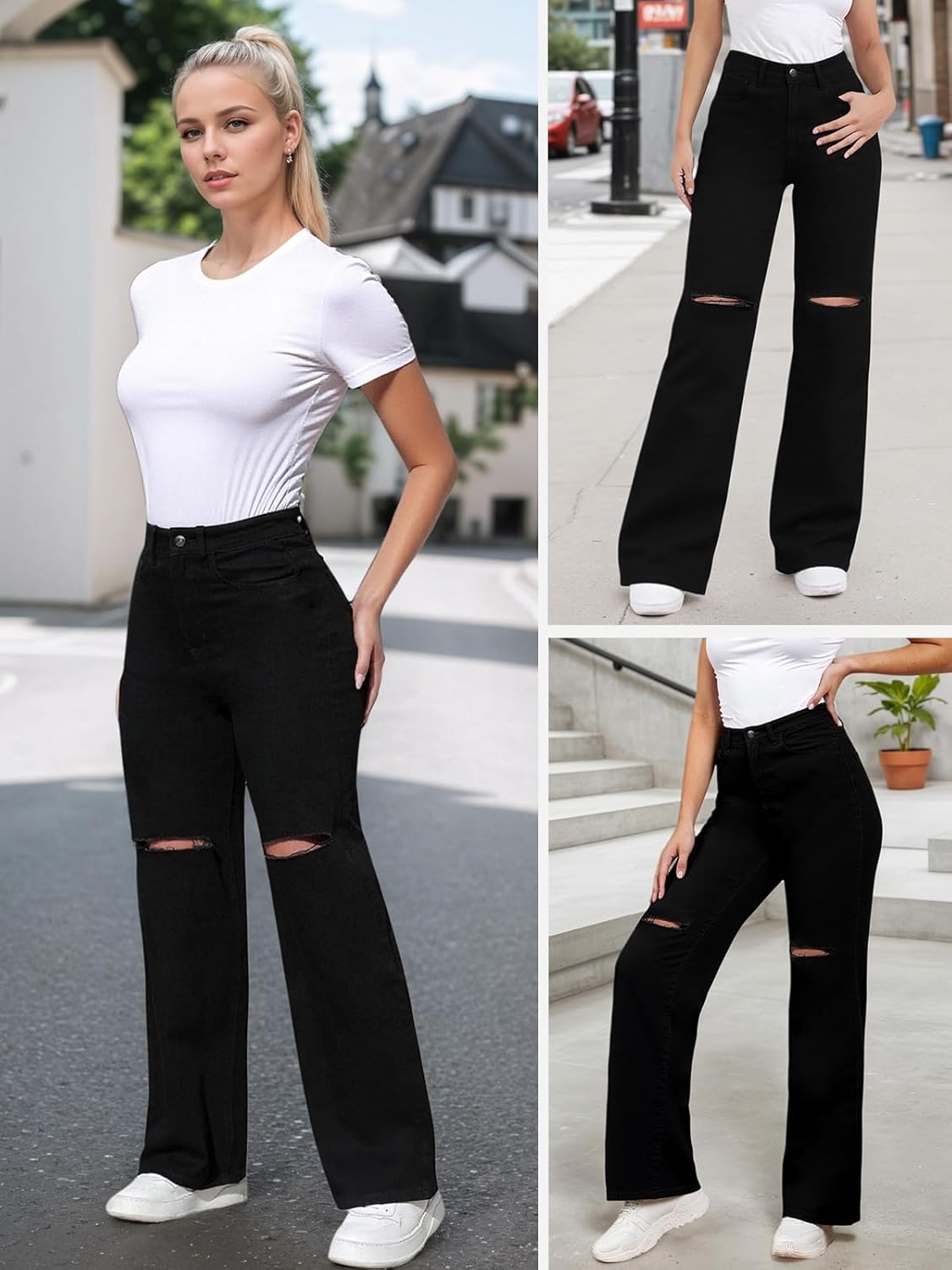 Women's Black Baggy Jeans High Waist Ripped Jeans Straight Wide Leg Y2k Boyfriend Distressed Denim Pants - Image 4