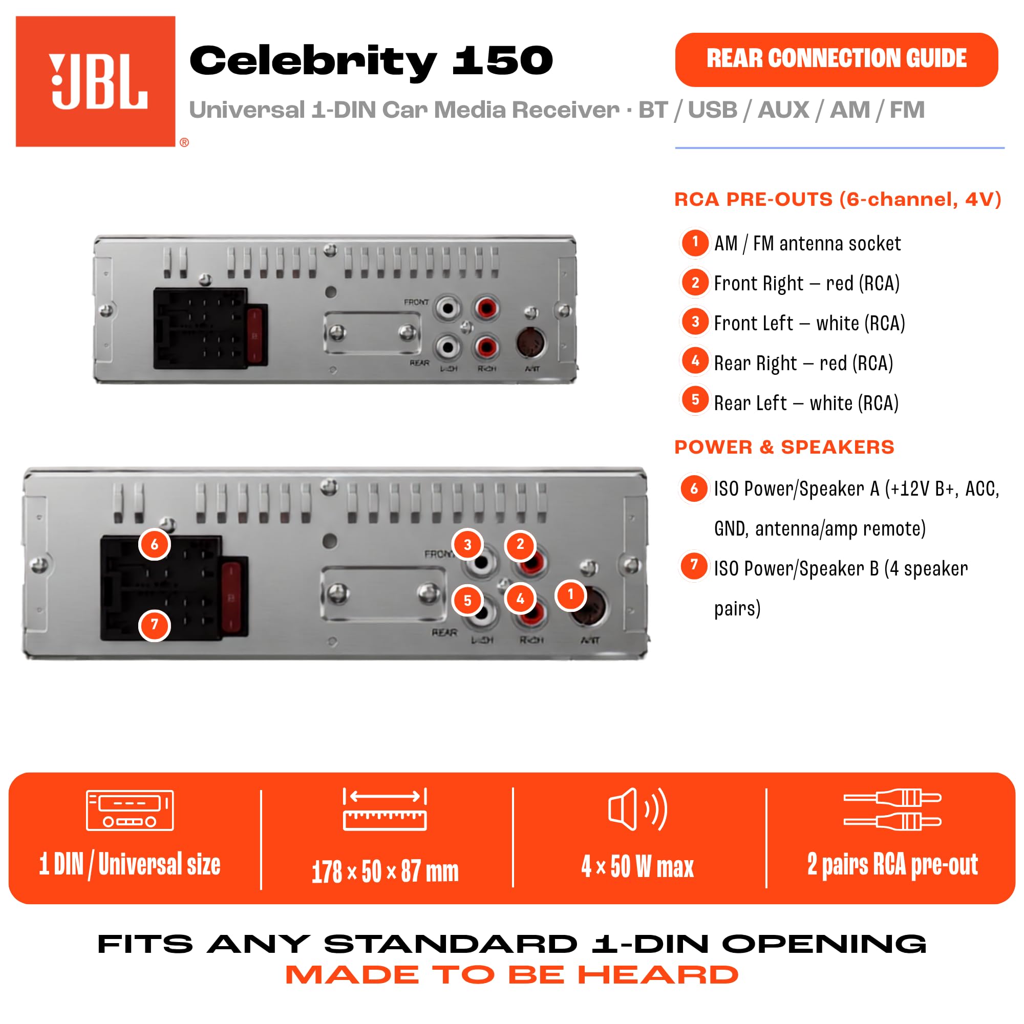 JBL Autoradio Bluetooth Voiture Celebrity 150 par Harman Kardon, Poste Radio 1 DIN, 4x50W, Streaming Bluetooth, kit Main Libre Voiture, écran Amovible, AM/FM, USB, SD, AUX, 2 Sorties RCA pour Ampli