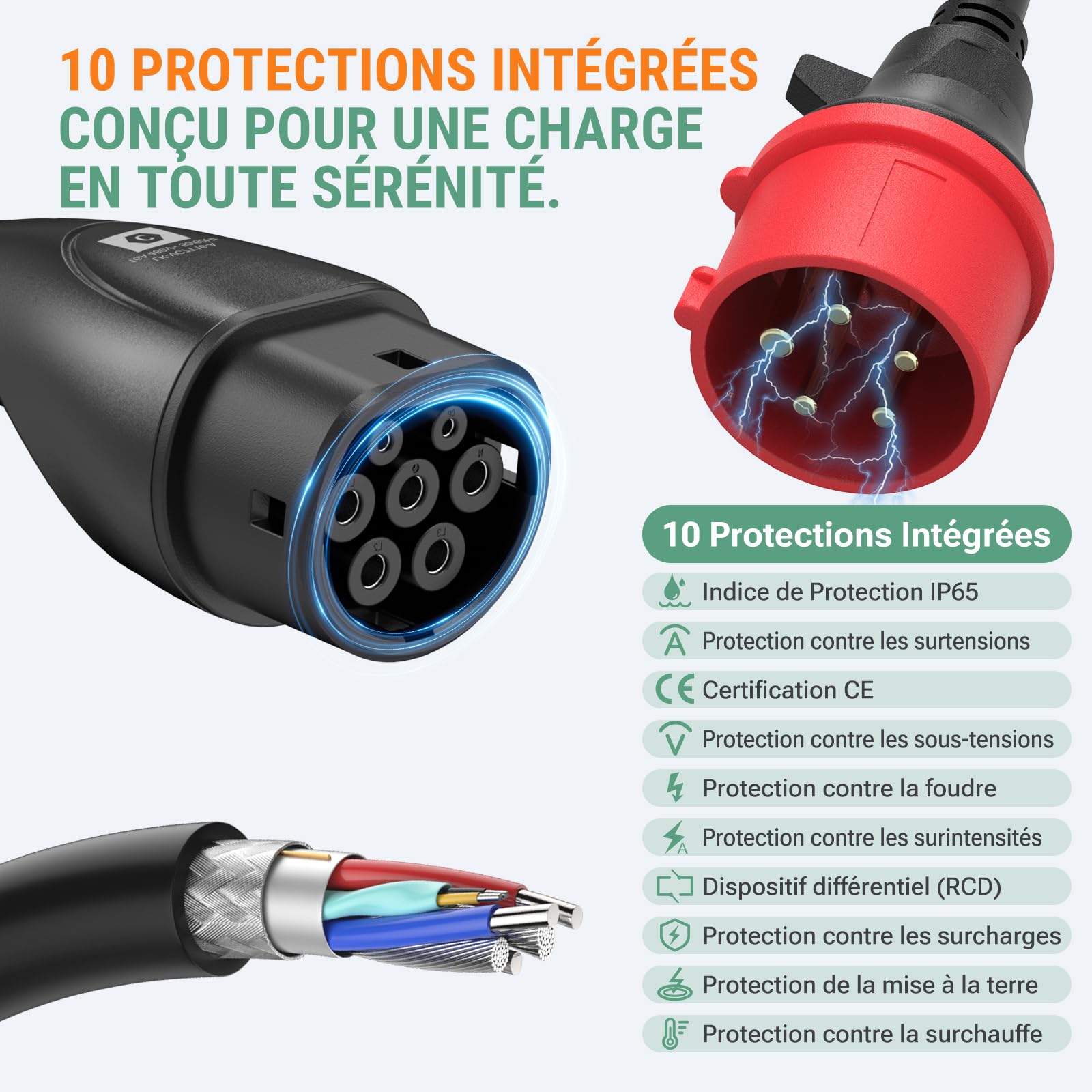 AIMILER Chargeur Voiture Electrique 11kW APP 8-16A 7,6M Borne de Recharge Véhicule Électrique Triphasé Numérique OLED IP66 avec Type 2 Compatible avec Support Mural avec Model 3/Y, EX30, et PHEVs