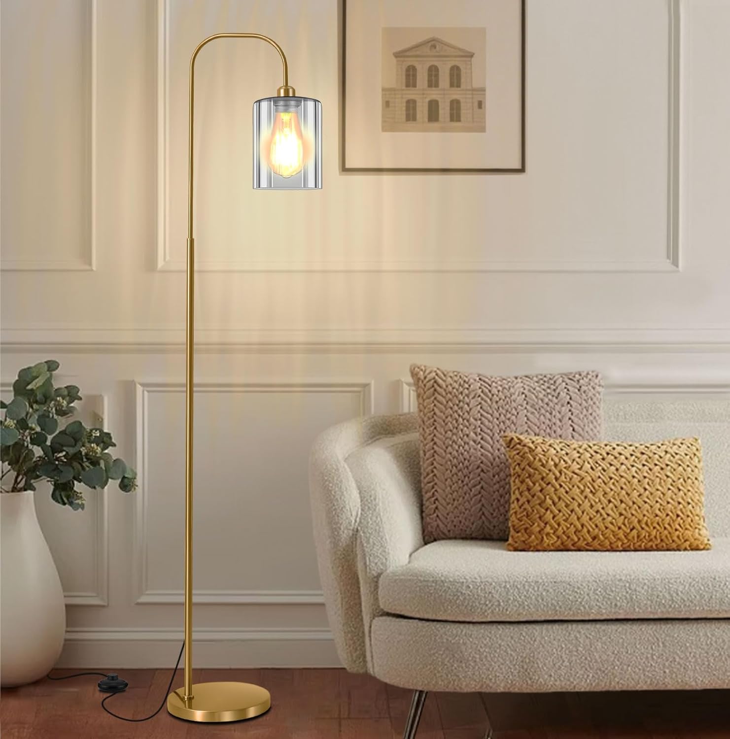 Floor Lamps for Living Room, Industrial Floor Lamp for Bedroom, Modern Standing Lamp with Bulb, Foot Pedal Switch Tall Lamp,Glass Lampshade Minimalist Tall Pole Lamp for Office,Nursery (Gold)