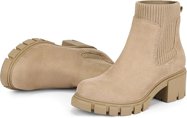 FITORY Womens Chelsea Boots, Elastic Ankle Booties with Chunky Mid Heel and Lug Sole, Comfy Trendy Slip on Shoes for Fall and Winter Size 6-11