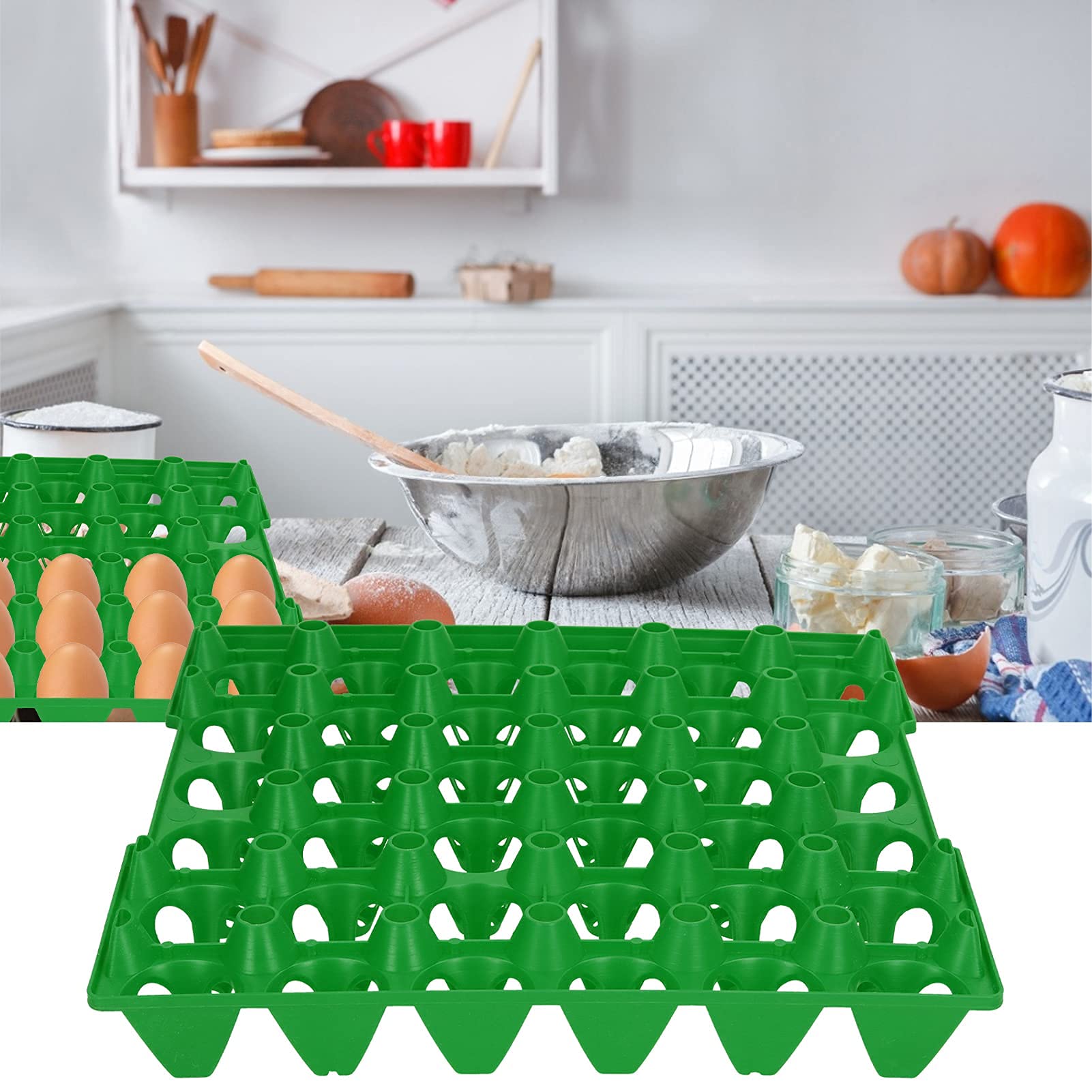 Cajas de huevos de plástico, 5 piezas, 28,7x28,3 cm, bandeja de soporte para 30 celdas, almacenamiento y transporte, suministros agrícolas para el hogar (Verde)