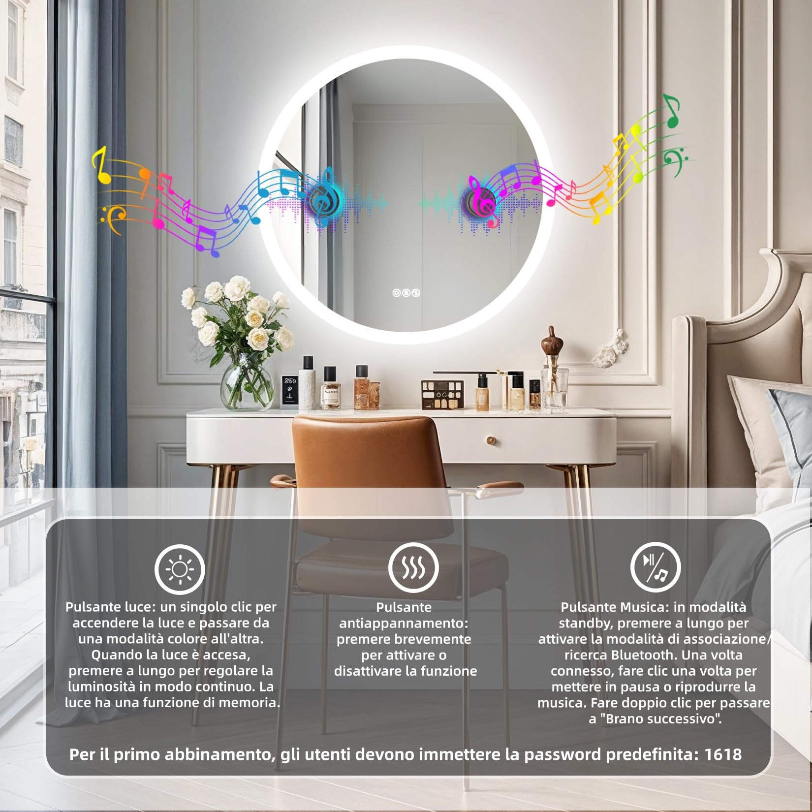 LUVODI Bluetooth 80cm Specchio Bagno Led Luce Rotondo Antiappannamento 3000K-6000K Dimmerabile 3 Colori Luce Funzione Memoria Specchio in Resina Specchio Retroilluminato Bagno