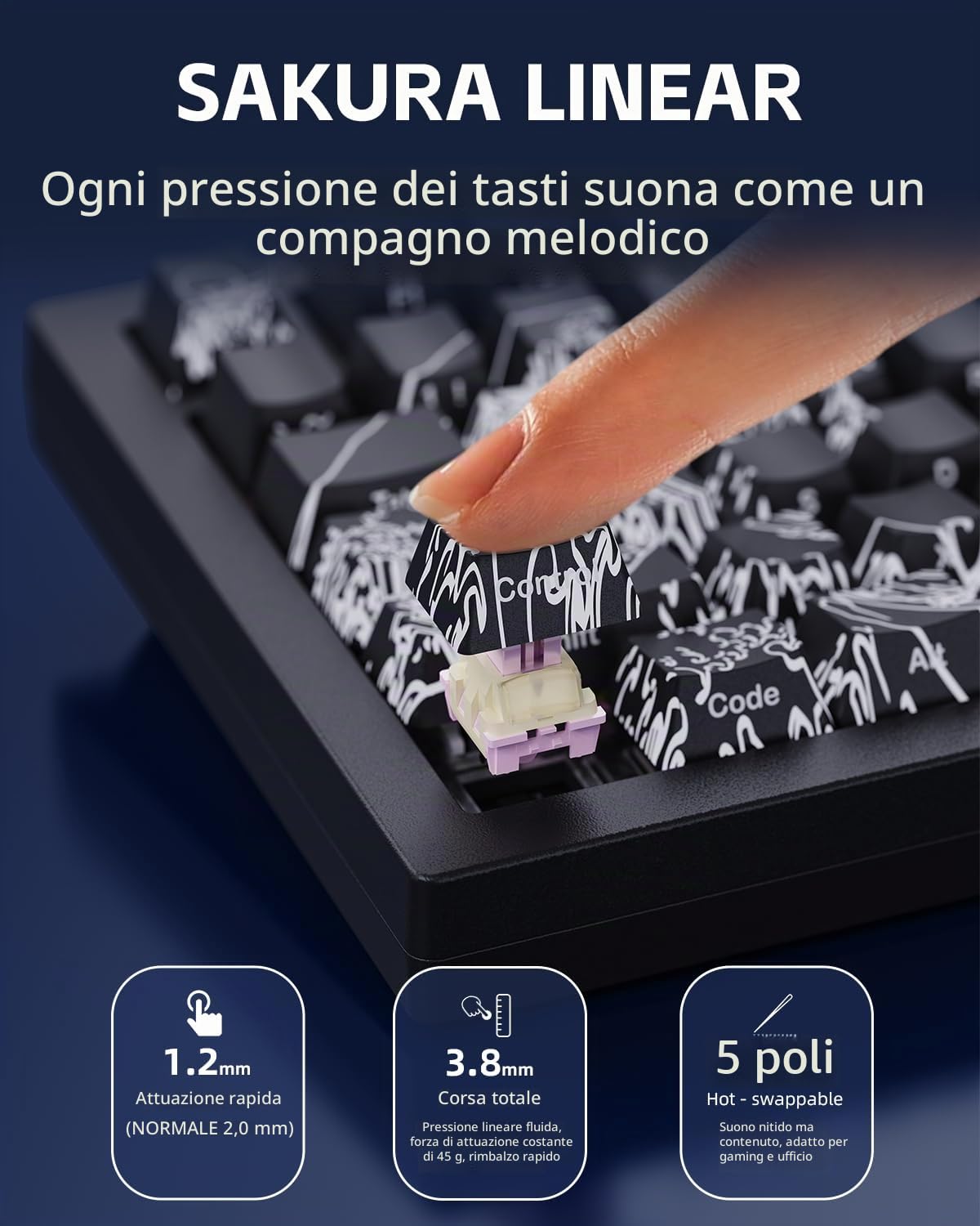 ZORNHER Tastiera meccanica da gioco wireless ZH870, tastiera nera con suono cremoso personalizzato all'80% con lucentezza, tasti Kanagawa IMD PBT, interruttori lineari pre-lubrificati, sostituibile a