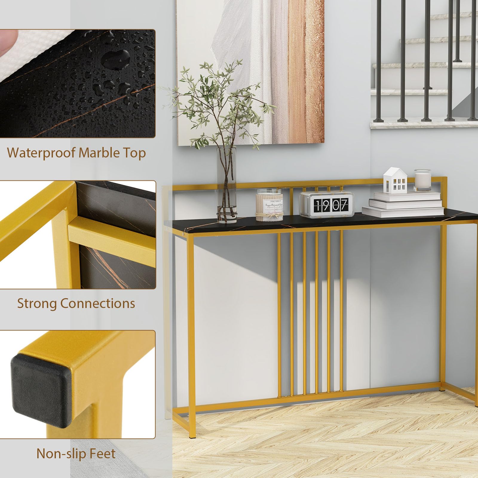 LIFEZEAL Table Console Aspect Marbre Doré, Meuble d’Entrée avec Structure en Métal, Table d'Appoint Étroite Style Candinave, 120 x 32 x 88 cm, Bout de Canapé pour Couloir, Entrée, Salon (Noir)