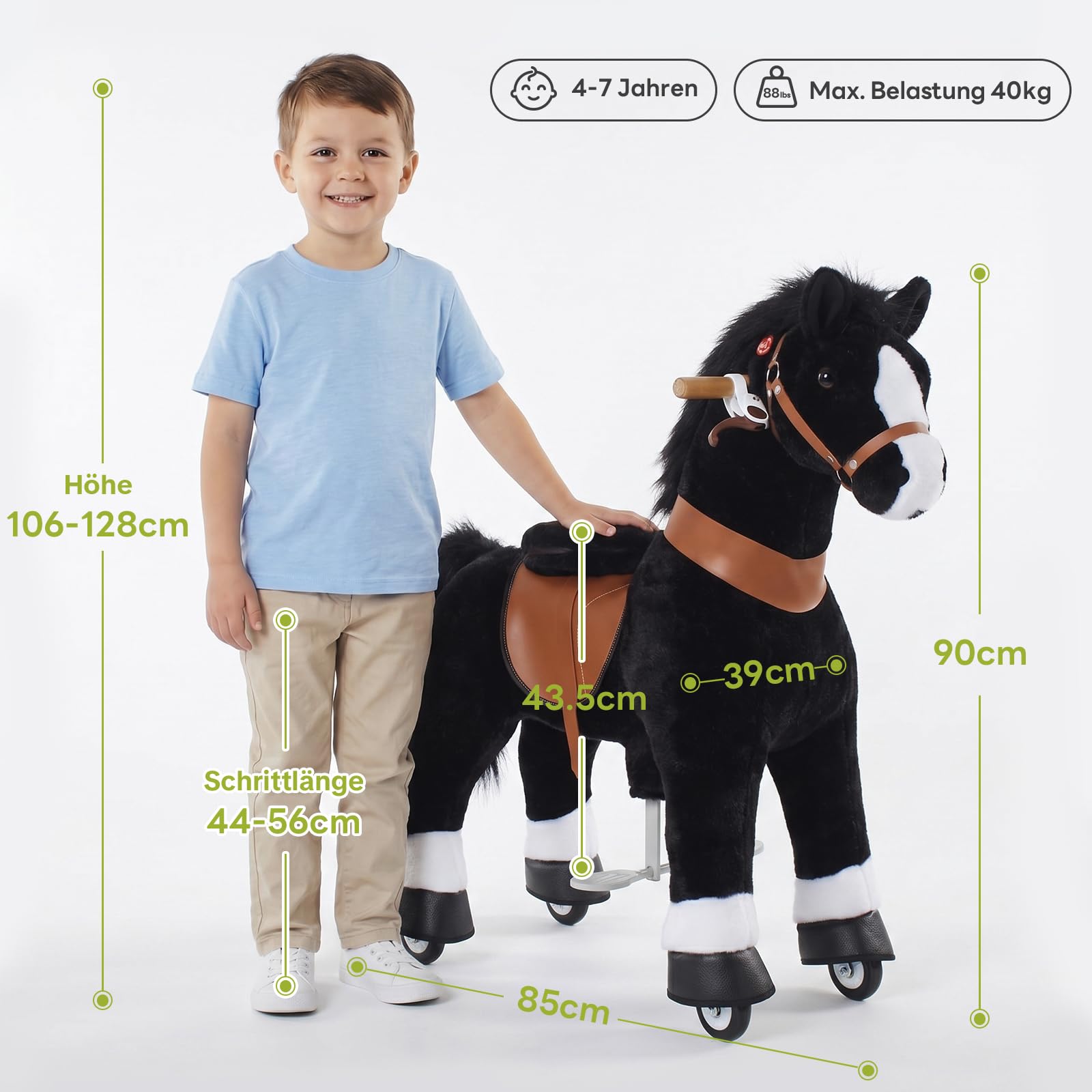 PonyCycle® Reitpferd auf Rollen | für Kinder 4–7 Jahre, 89cm | Schwarzes Plüsch Reitpferd mit Handbremse & Klang | Schaukelpferd, Stehpferd, Indoor & Outdoor | Klassisches Modell U – Ux426