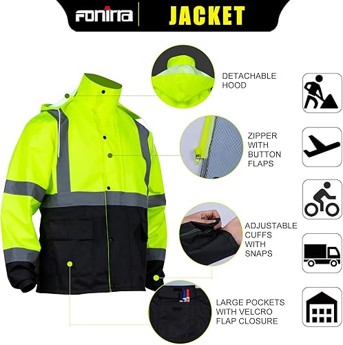 Miniatura 3 de FONIRRA Hi Vis - Chaqueta de lluvia de seguridad para hombre, equipo de lluvia de alta visibilidad clase 3, trajes de lluvia para hombres,