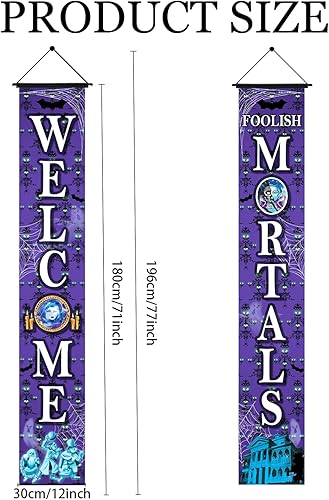 Miniatura 3 de Haunted House - Decoraciones de Halloween, 71 x 12 pulgadas, letrero de bienvenida con texto en inglés "Welcome Foolish Mortals", cartel para puerta