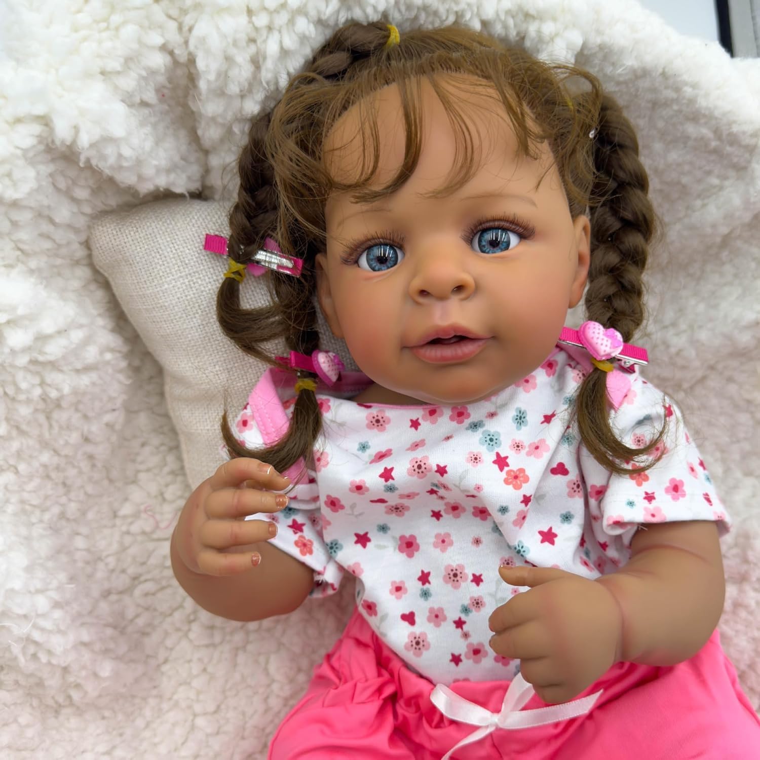 Realistic Reborn Baby Doll Black - 22 inch Lifelike Newborn Bebe Doll Girl Dark Brown Skin Soft Body Open Eyes Long Hair Real Life Like Baby Dolls Gifts for Kids Age 3+
