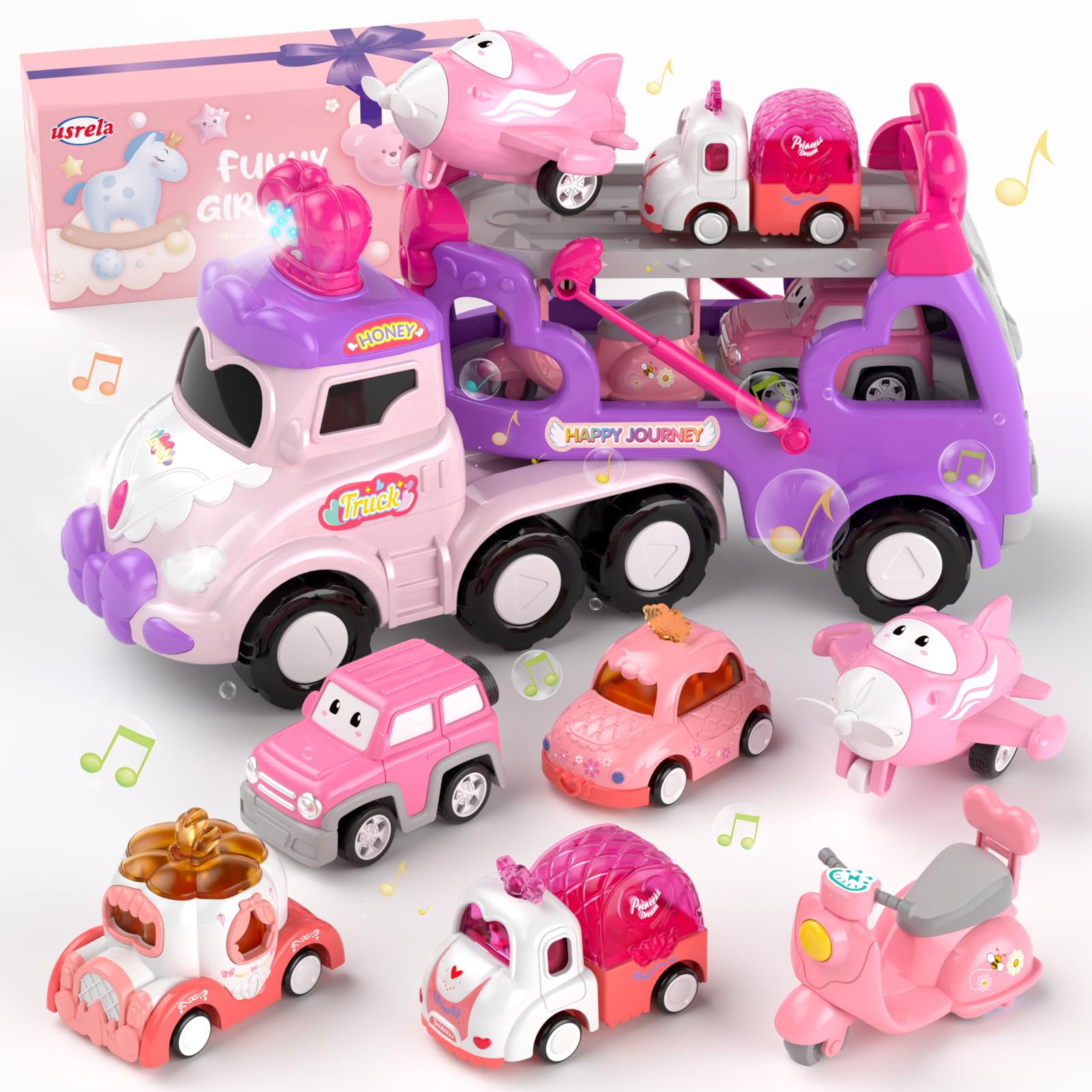 usrela Juguetes para niños de 1, 2 y 3 años, camión con 6 juguetes de auto de tracción, transportador 7 en 1 con luz y música, juego de vehículo regalo para niños pequeños de 1 a 3 años, regalo de — view 15