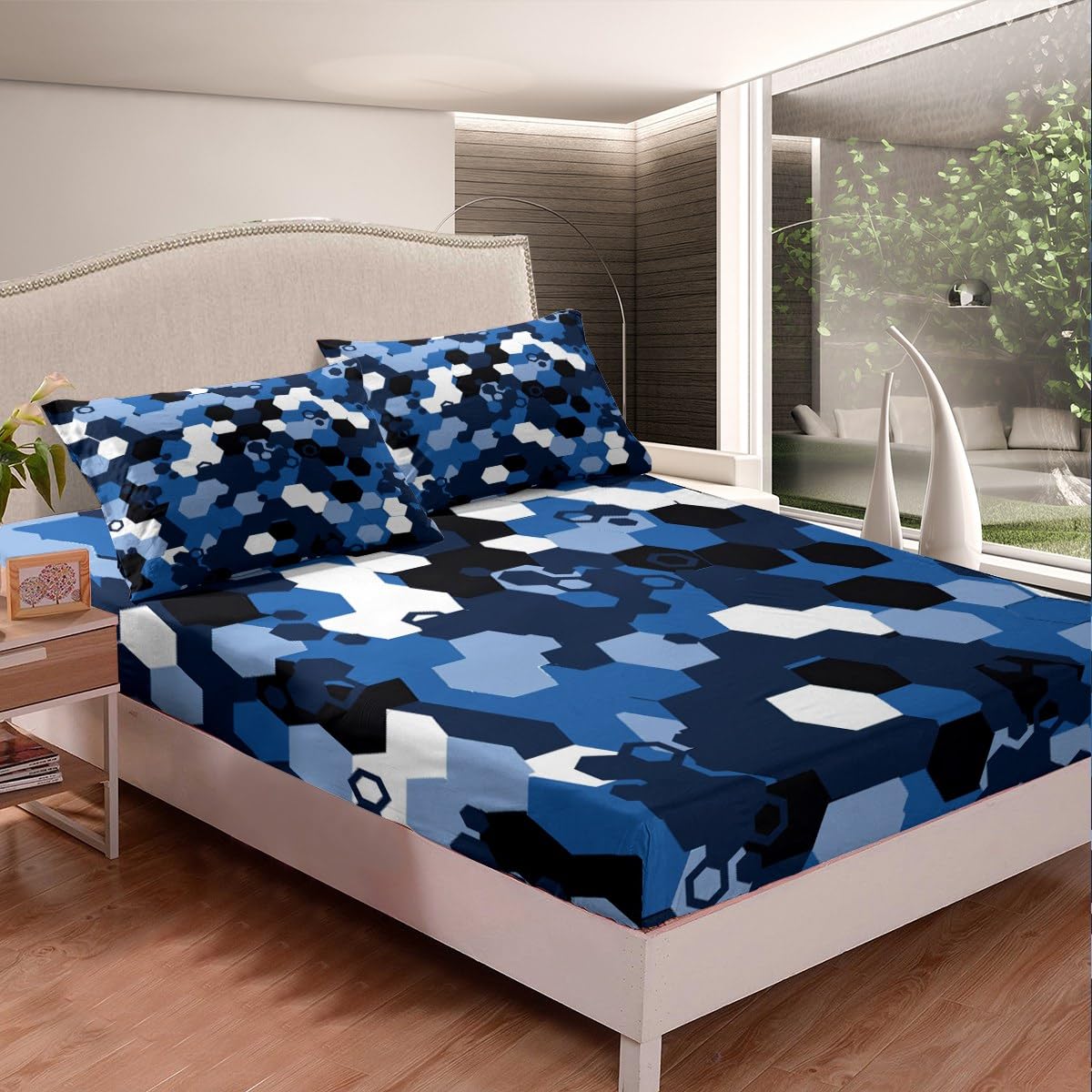 jejeloiu Deep Blue Honeycomb Fitted Sheet Full Size Modern Geometry Hexagon Theme Bed Sheets Set for Kids Boys Girls Decor Camouflage Camo Geometric Abstract Bedding Set Soft Bedroom Decor 4Pcs