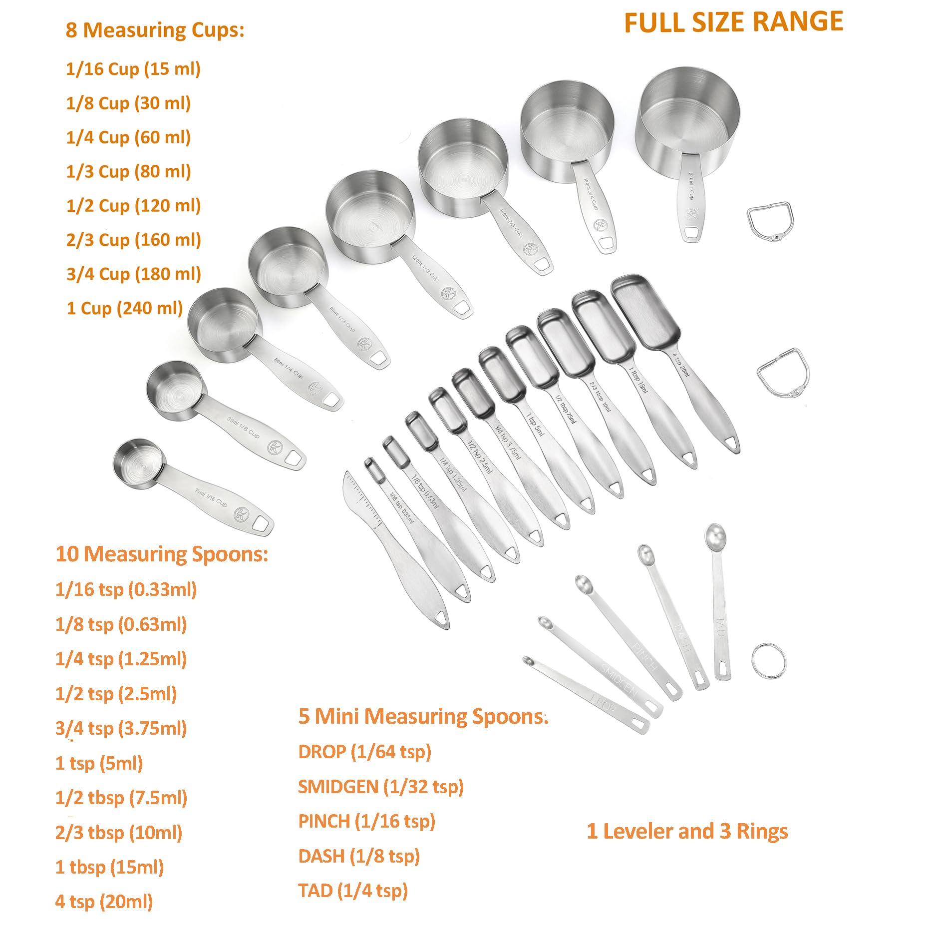 Messbecher und Löffel-Set, 24-teilig, aus 18/8 Edelstahl, robust, 8 Messbecher, 10 Messlöffel, 1 Nivellierer und 5 Mini-Messlöffel, ideal für trockene und flüssige Zutaten