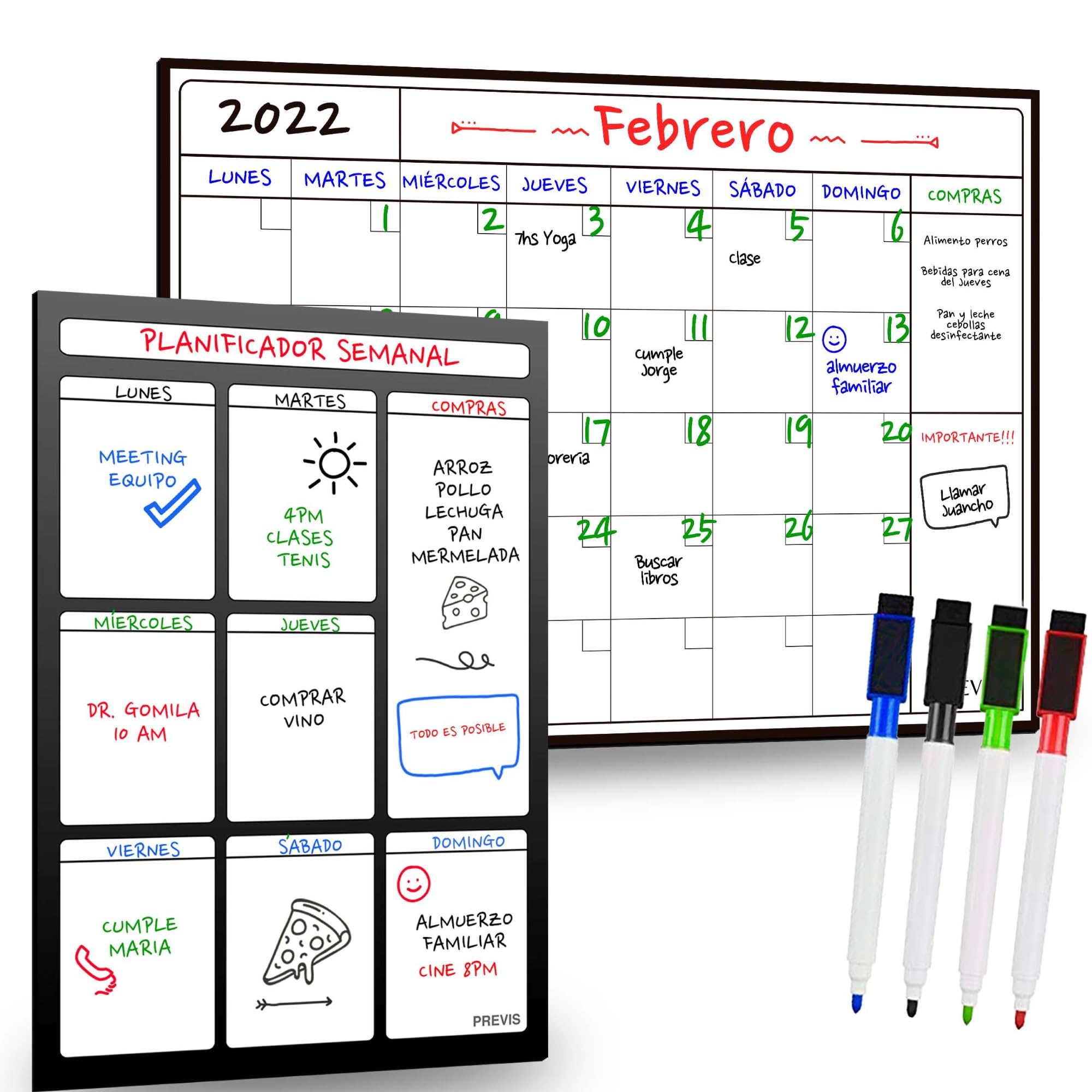 Previs A3 Monthly Magnetic Calendar Pack + A3 Weekly Magnetic Weekly Fridge Planner Organiser, Agenda, Menu, Shopping