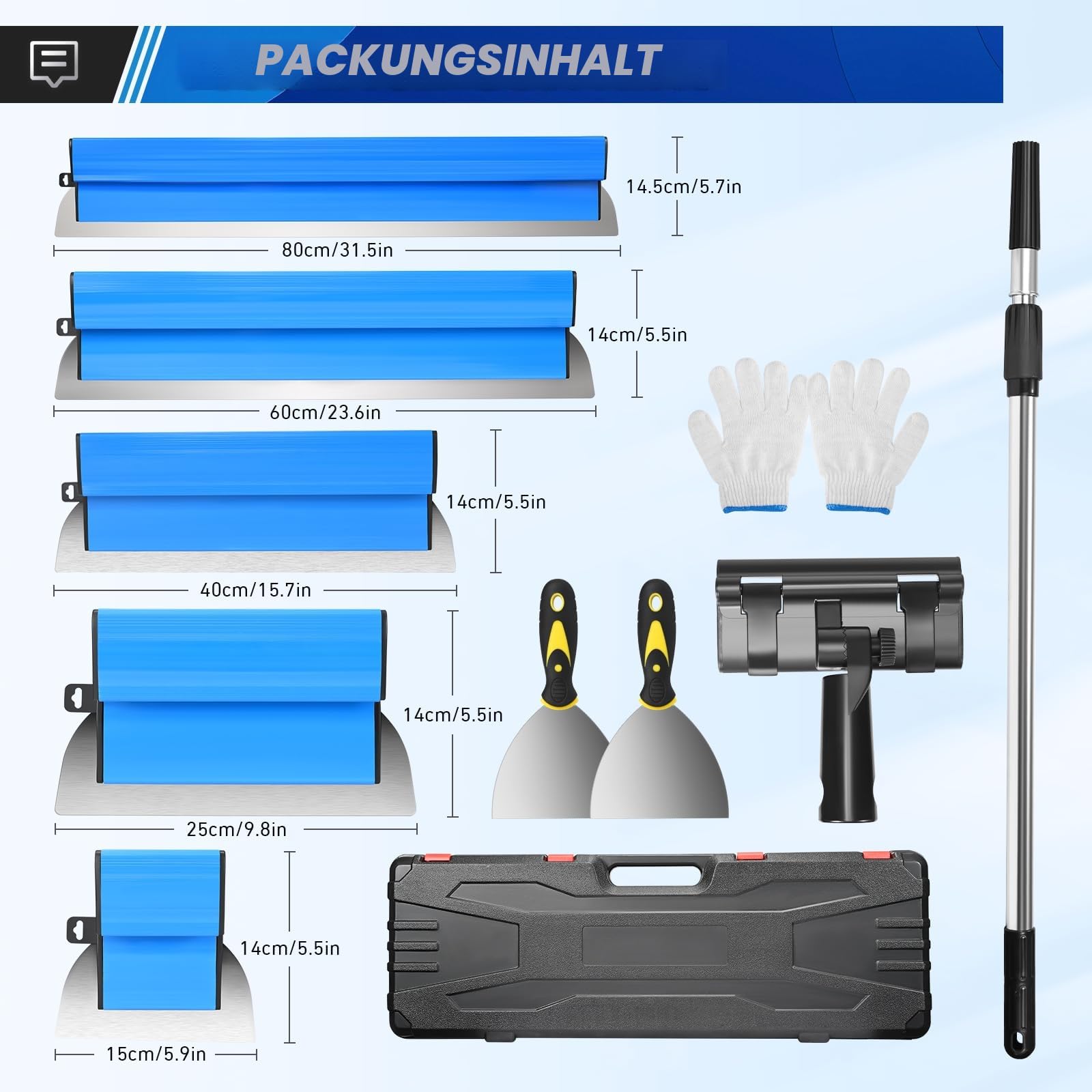 Spatule Enduit Lissage Set, comprenant 5 grattoirs de surface (190 mm demi-lune 250 mm 400 mm 600 mm 800 mm) avec lames de rechange 2 grattoirs à main tige télescopique en aluminium (Bleu)