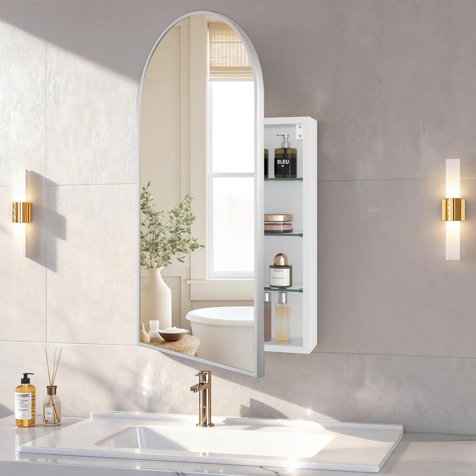 FKWin Arched Medicine Cabinets with Mirror, Bathroom Mirror with Storage, Aluminum Alloy Bathroom Cabinet, Modern Bathroom Wall Cabinet with 3