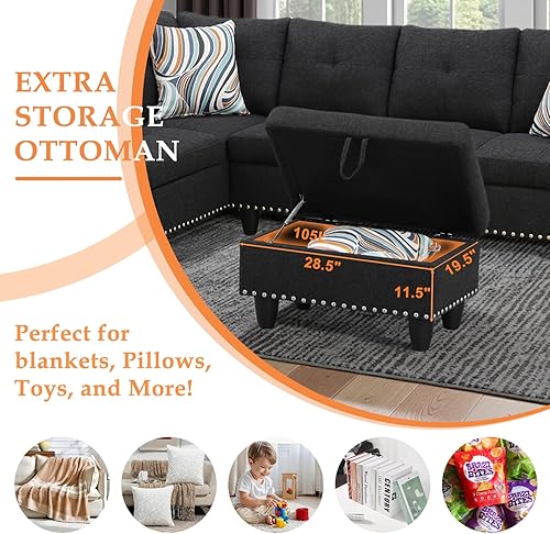 Miniatura 5 de Sofá seccional, moderno juego de muebles de sala de estar de 4 plazas con diván, otomana y 2 almohadas Sofá en forma de L Soporte para tazas Tela