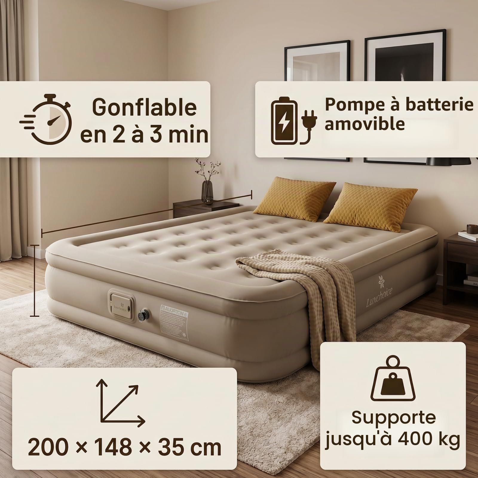 Luxchoice Matelas Gonflable électriques 2 Personnes Lit Gonflable Autogonflant avec Portable Pompe Anti-Usure et Anti-Bruit en Tissu de Qualité Supérieure pour Le Camping ou la Maison