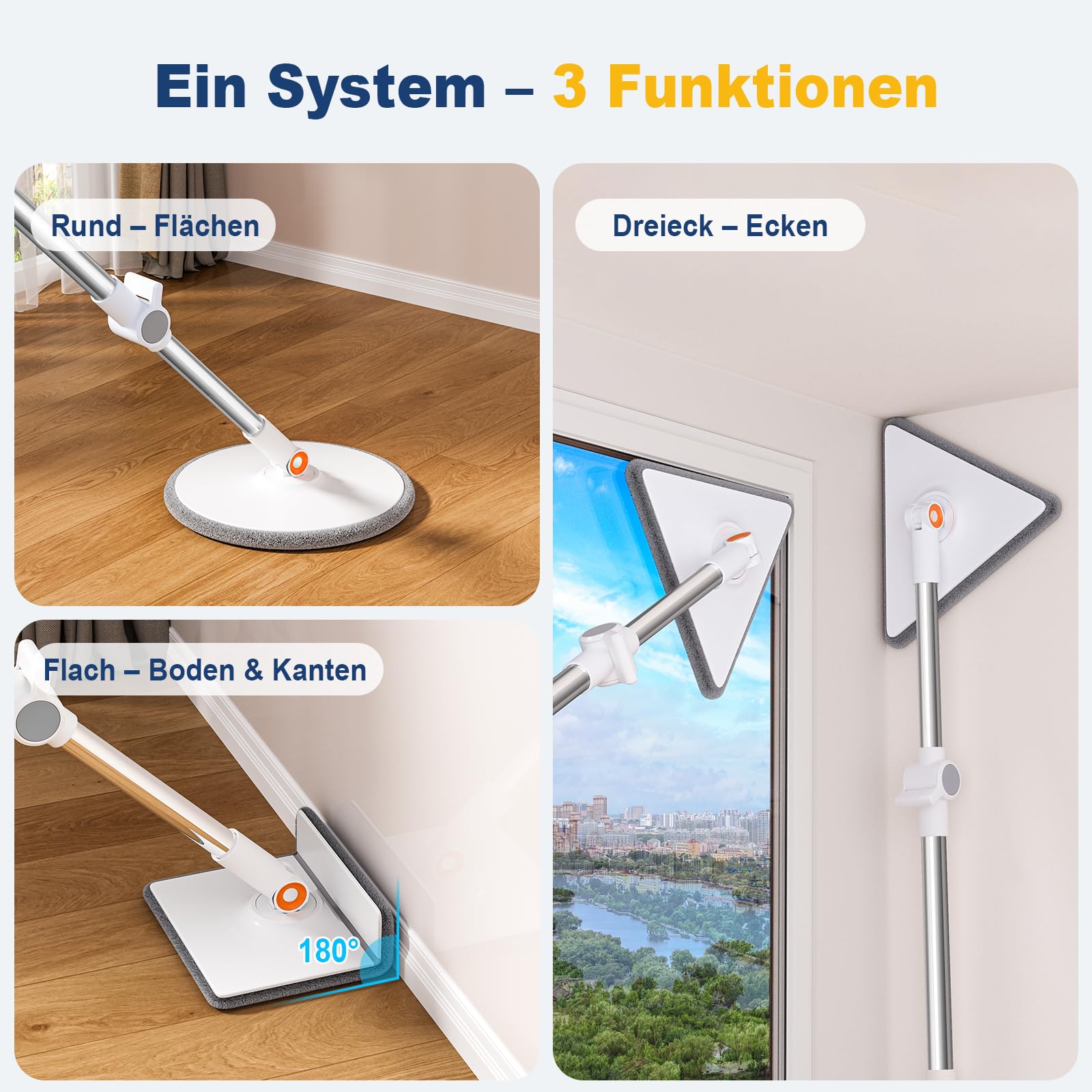 Wischmopp Set mit Eimer, Sprüh-Wischsystem mit Abstreifer, Kein Wischen im Schmutzwasser, 3 Moppköpfe (Flach, Rund, Dreieck), Wassersparend, 360° drehbar, für Laminat, Fliesen, Parkett, Küche & Bad